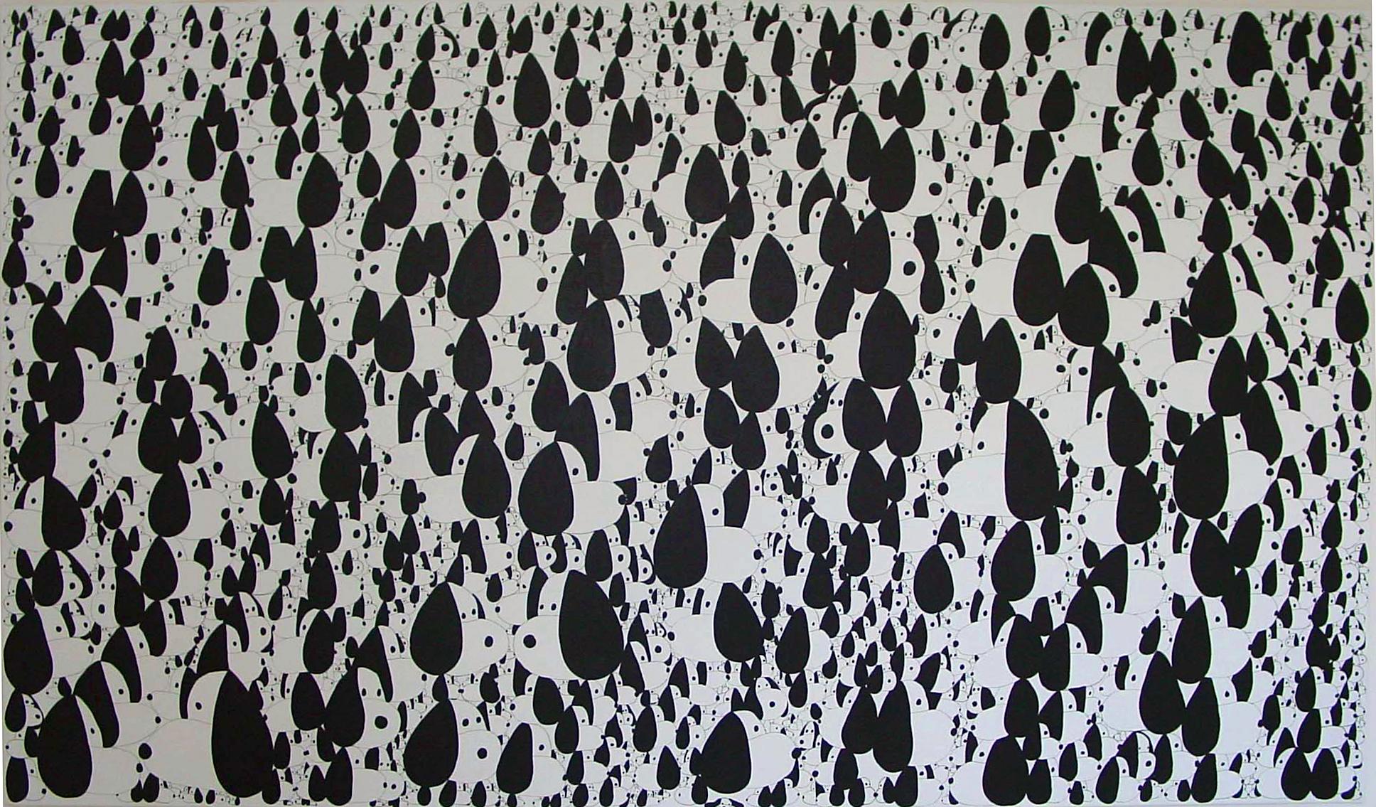 Whiting est une peinture en noir et blanc intitulée "Snoopies".  par Nina Bovasso, 
peinte sur une toile légère (mousseline) apprêtée au gesso 94x 55 inches (140 x 240 cm)
La myriade de chiens dans cette image peut, à première vue, sembler être une