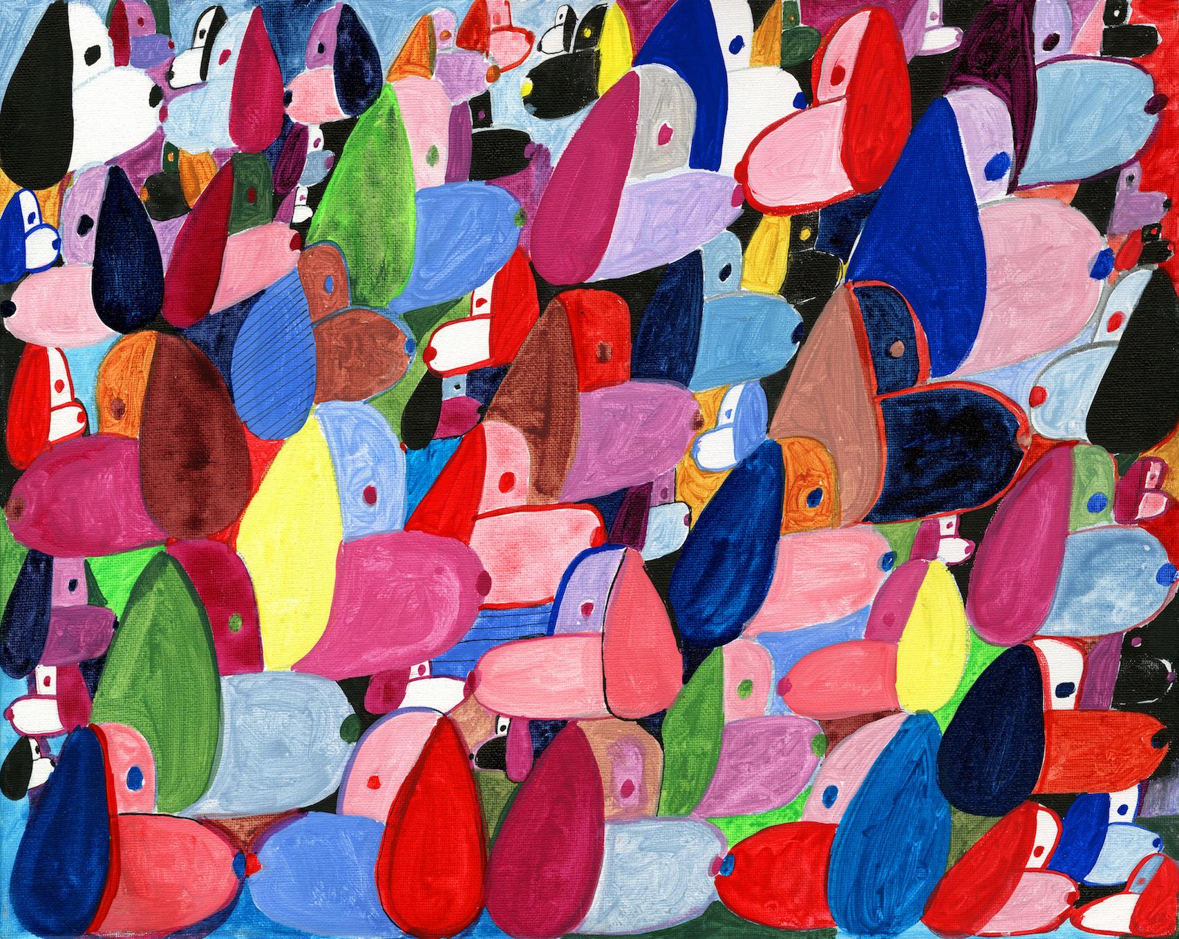 Peinture de petites coquilles multicolores  sur toile