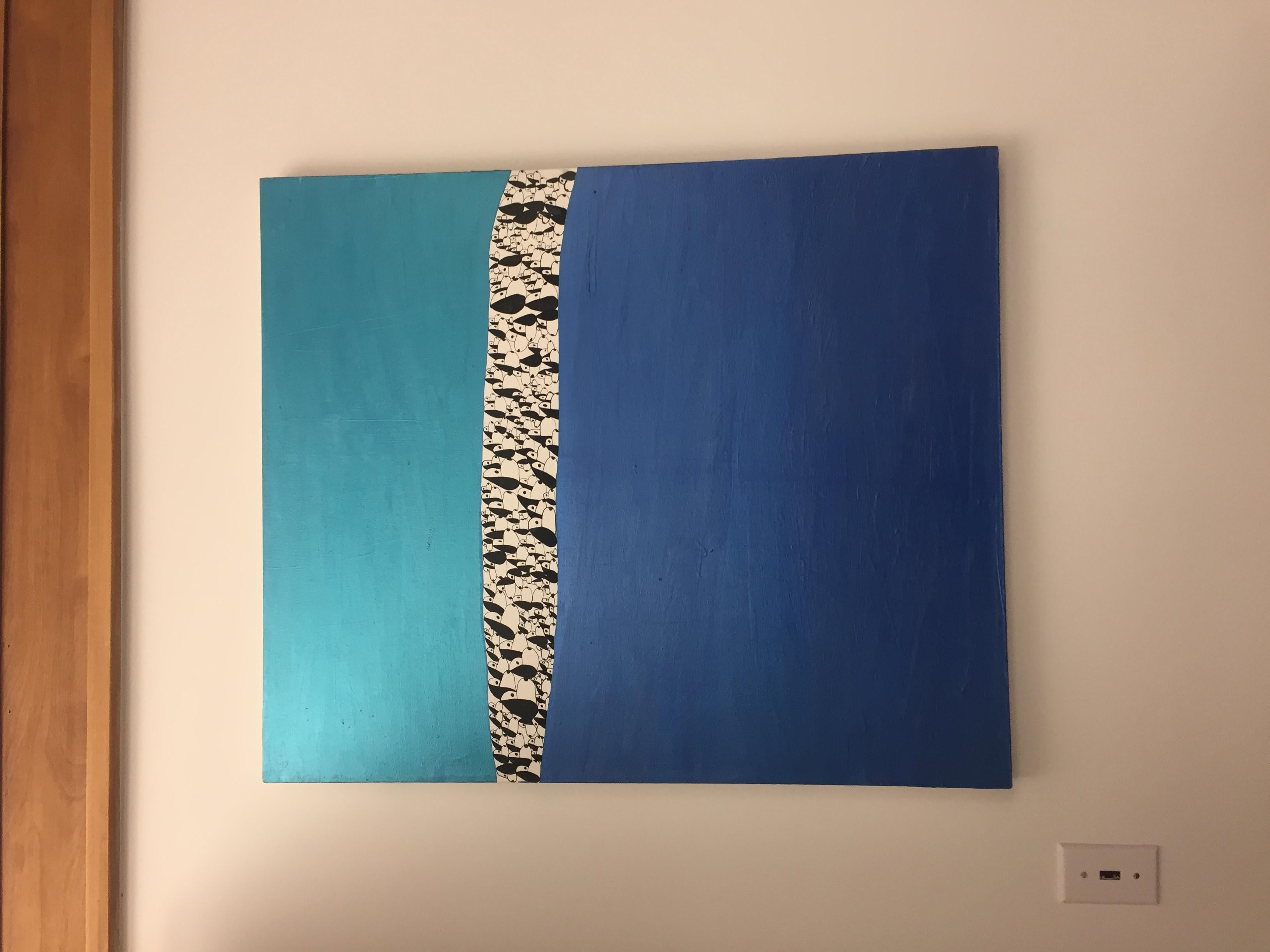 Snoopies Exodus entre deux bleus - Painting de Nina Bovasso