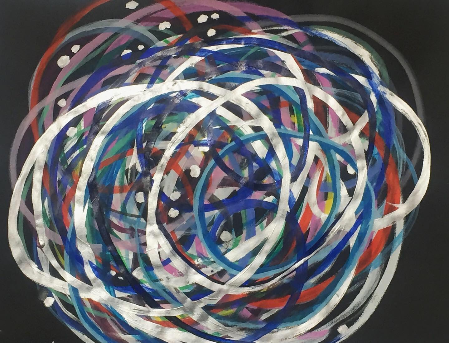 Swirly Ball with Silver on Black Ground - Painting by Nina Bovasso