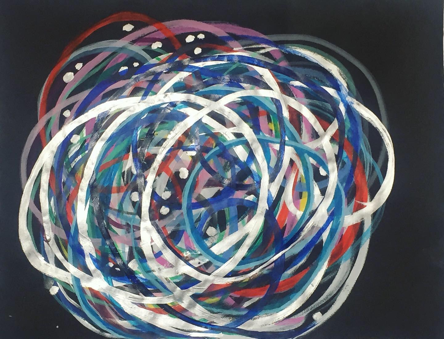 Nina Bovasso Abstract Painting - Swirly Ball with Silver on Black Ground