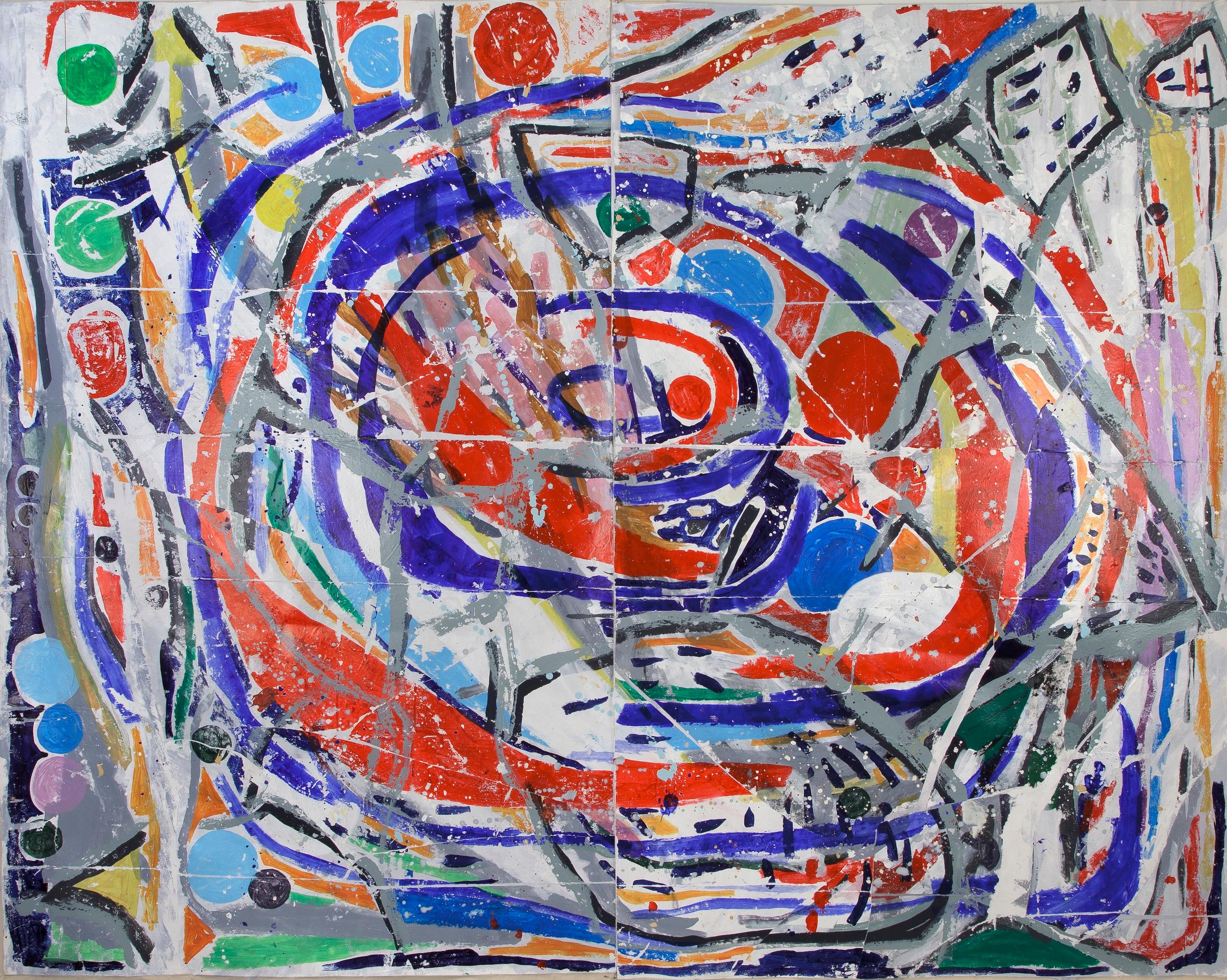 Nina Bovasso Abstract Painting – Großes Transfer-Gemälde Diptychon Spaceship / Portal