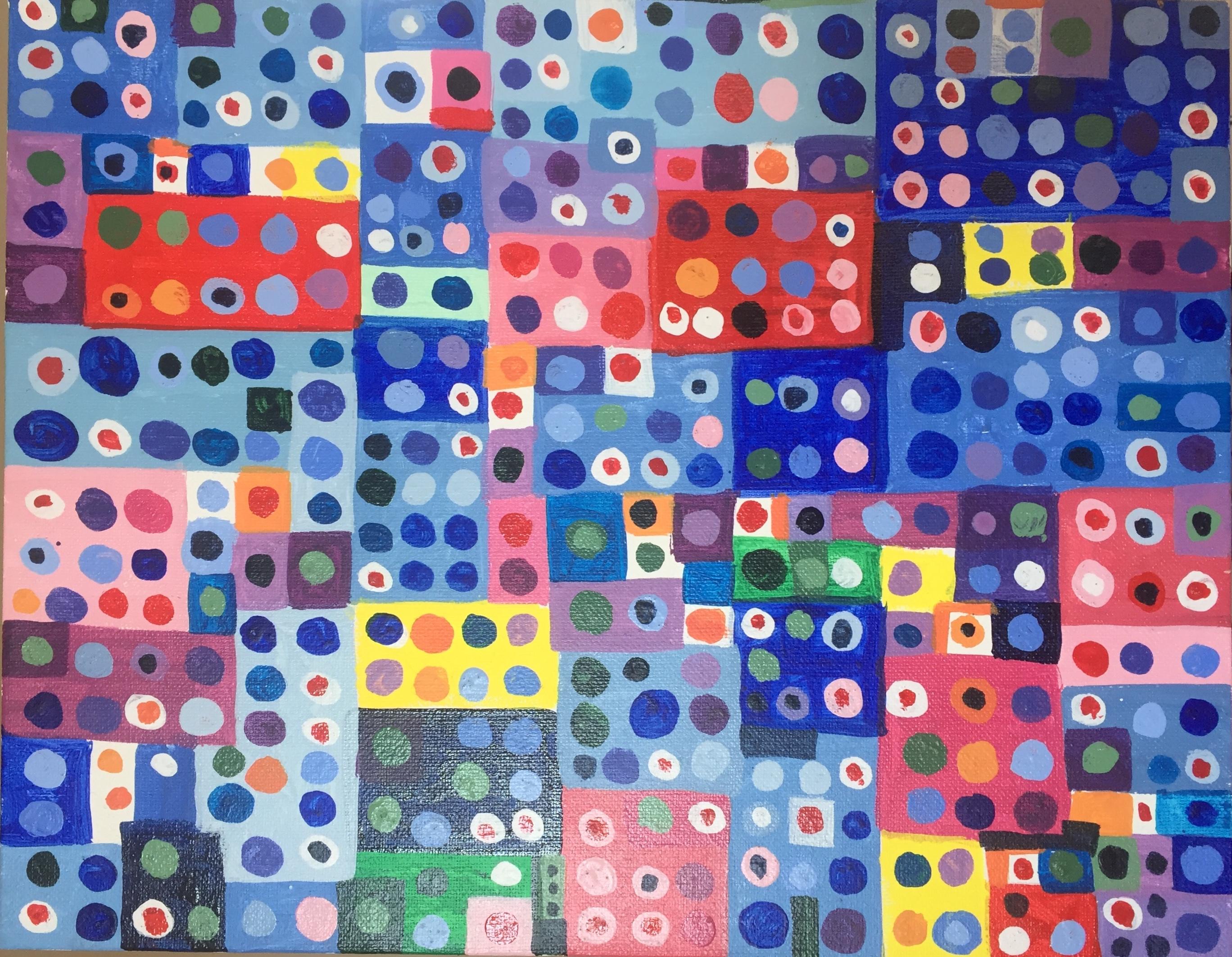 Nina Bovasso Abstract Painting - Colorful Dot in Grid Allover Pattern Jazzy Colors