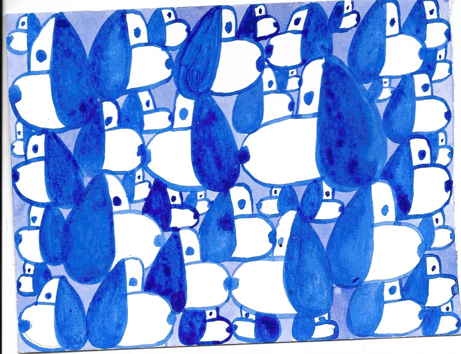 Nina Bovasso Abstract Drawing - Unique Small Cobalt Blue Snoopies Dog Heads
