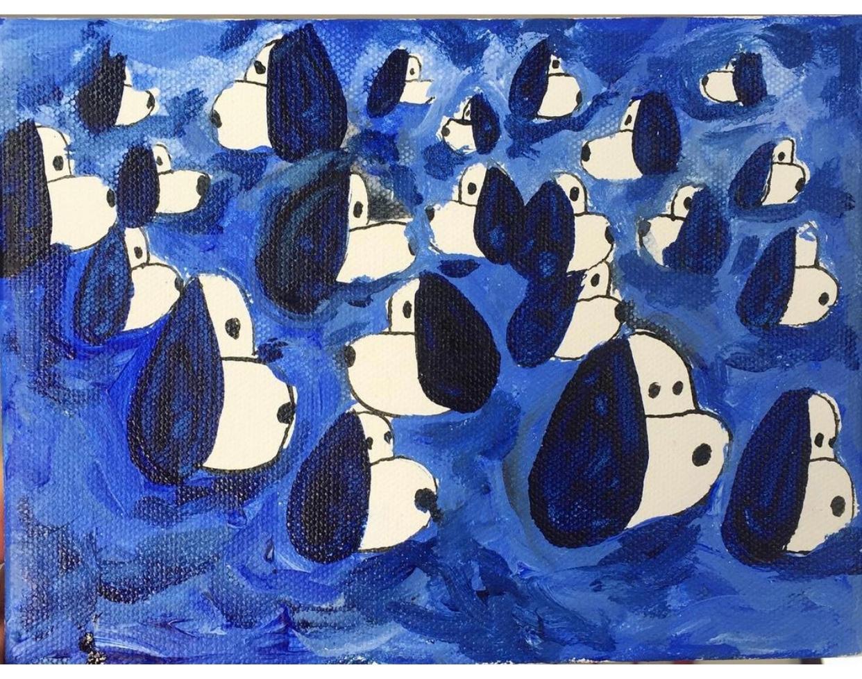 Snoopies in the Sea small painting on canvas. - Painting by Nina Bovasso