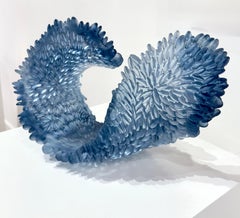 Cast glass sculpture, abstract blue and white wave, 2024