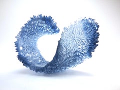 "Cold Sea" -- blue wave glass table sculpture
