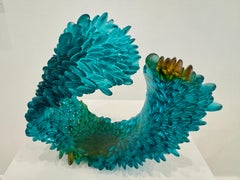 Glass Sculpture, Abstract Turquoise Wave with Orange Accent, 2024