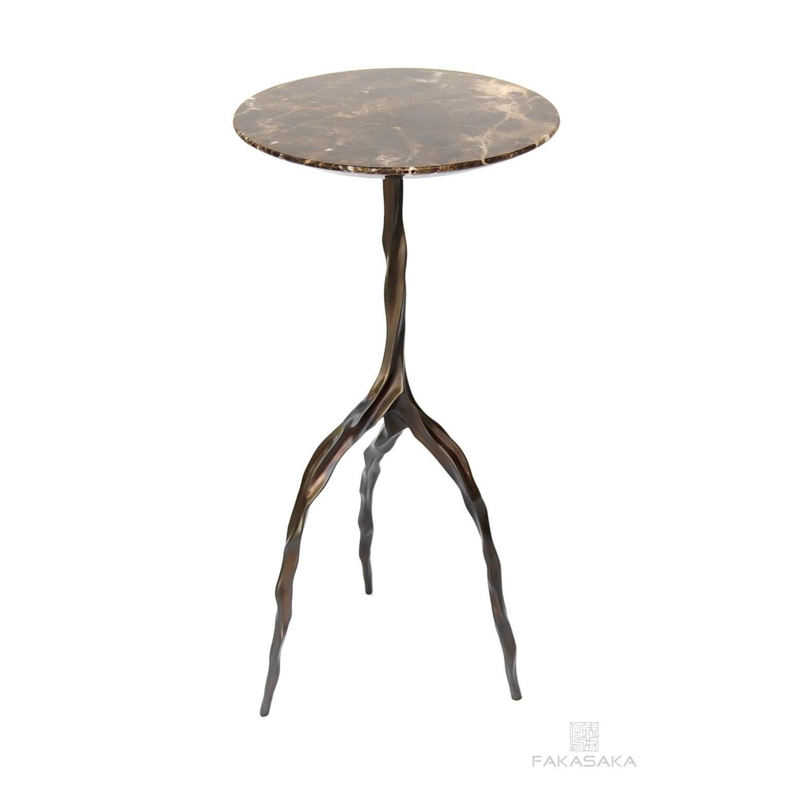Nina drink table with Marrom Imperial marble top by Fakasaka Design
Dimensions: W 30 cm, D 30 cm, H 62 cm.
Materials: Dark bronze base, Marron Imperial marble top.
 
Also available in different table top materials:
Nero Marquina Marble 
Marrom
