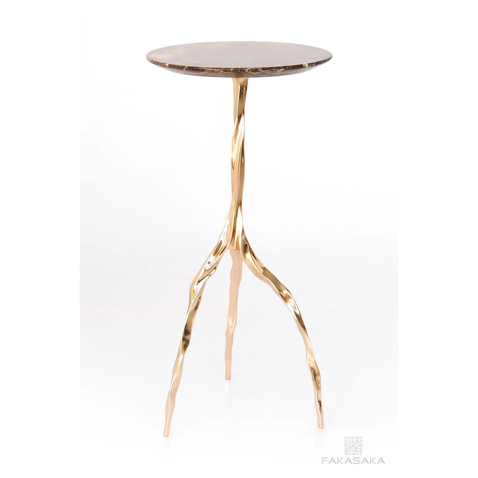 Nina drink table with Marrom Imperial marble top by Fakasaka Design
Dimensions: W 30 cm, D 30 cm, H 62 cm.
Materials: polished bronze base, Marron Imperial Marble top.
 
Also available in different table top materials:
Nero Marquina Marble