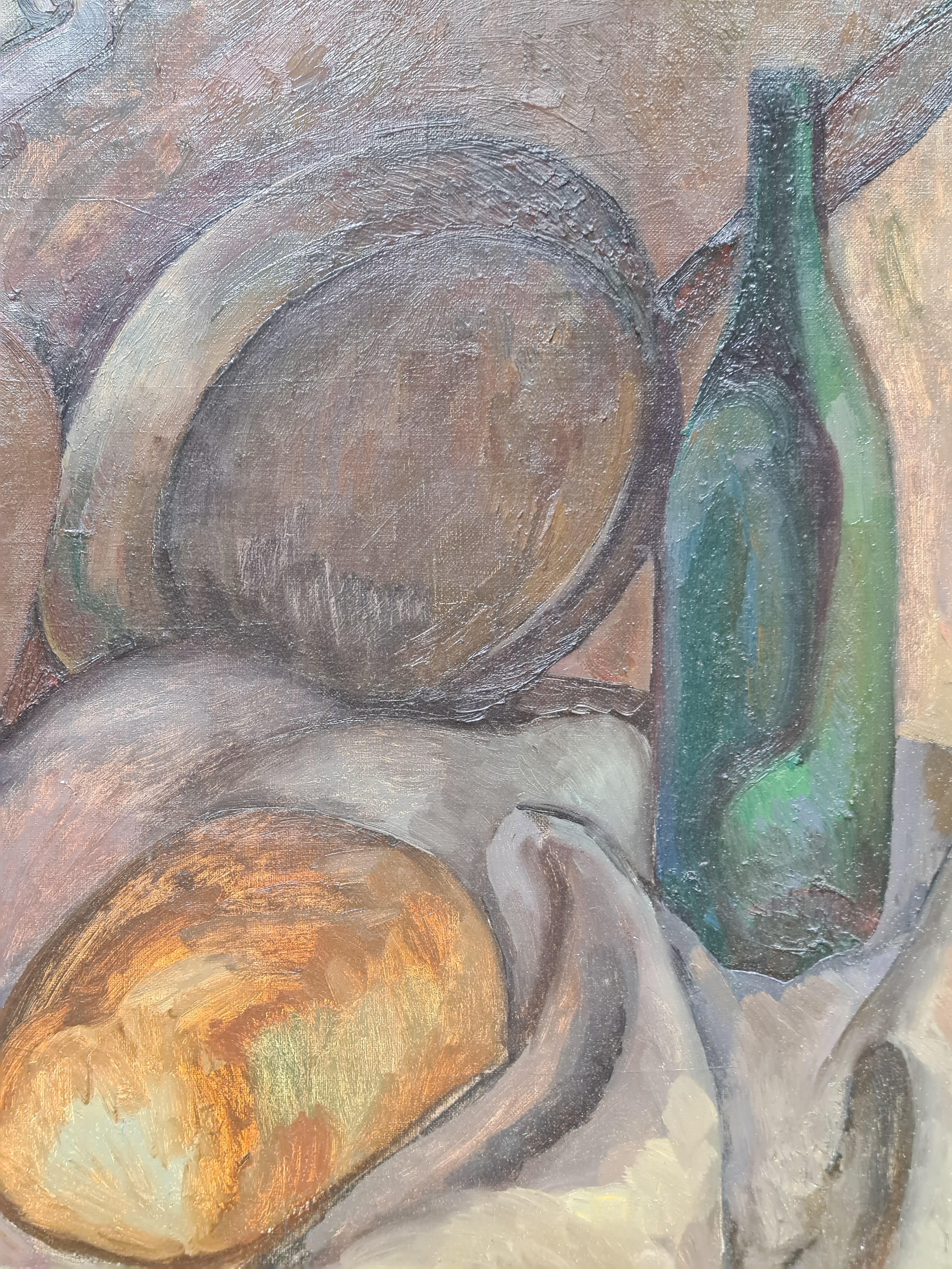 Huile sur toile post-impressionniste, Nature morte à la poêle à frire, d'après Cézanne - Painting de Nina Gurevich