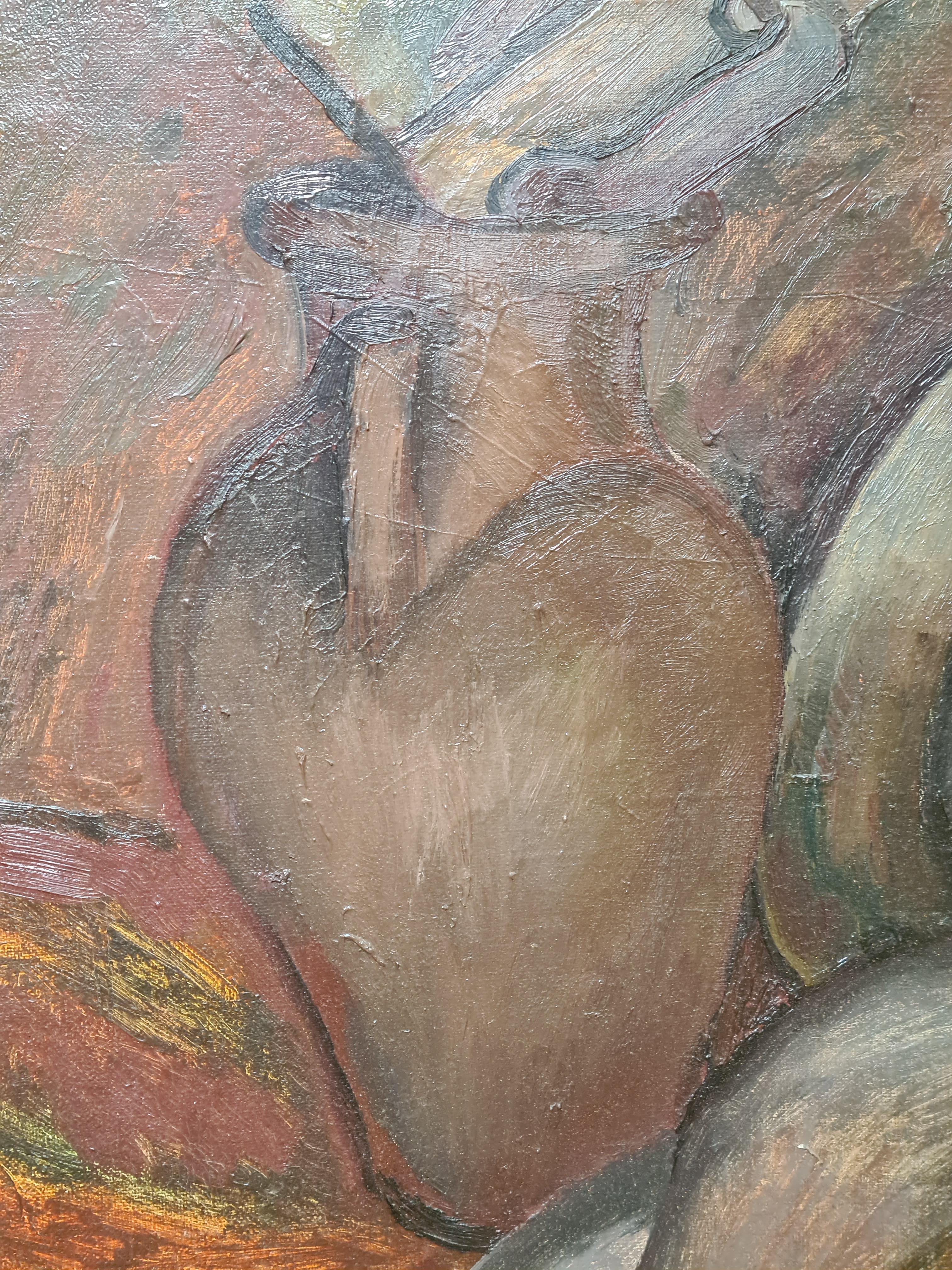 Huile sur toile post-impressionniste, Nature morte à la poêle à frire, d'après Cézanne - Marron Interior Painting par Nina Gurevich