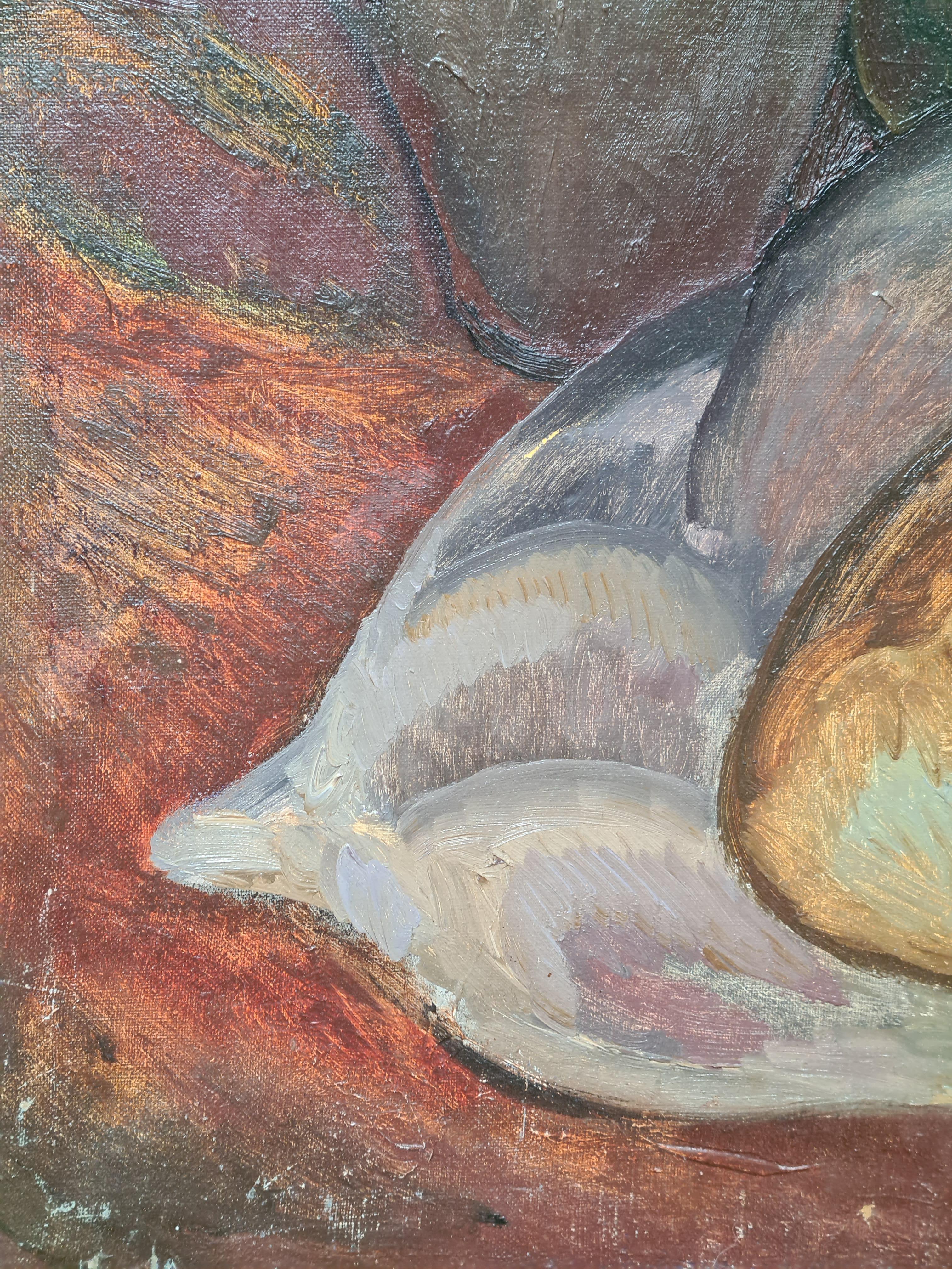 Grande nature morte à l'huile sur toile de la fin du XXe siècle de l'artiste russe israélienne Nina Gurevich. Le tableau est signé, titré et daté au dos de la toile. Il est présenté dans un cadre ondulé de style hollandais. Etiquette d'exposition
