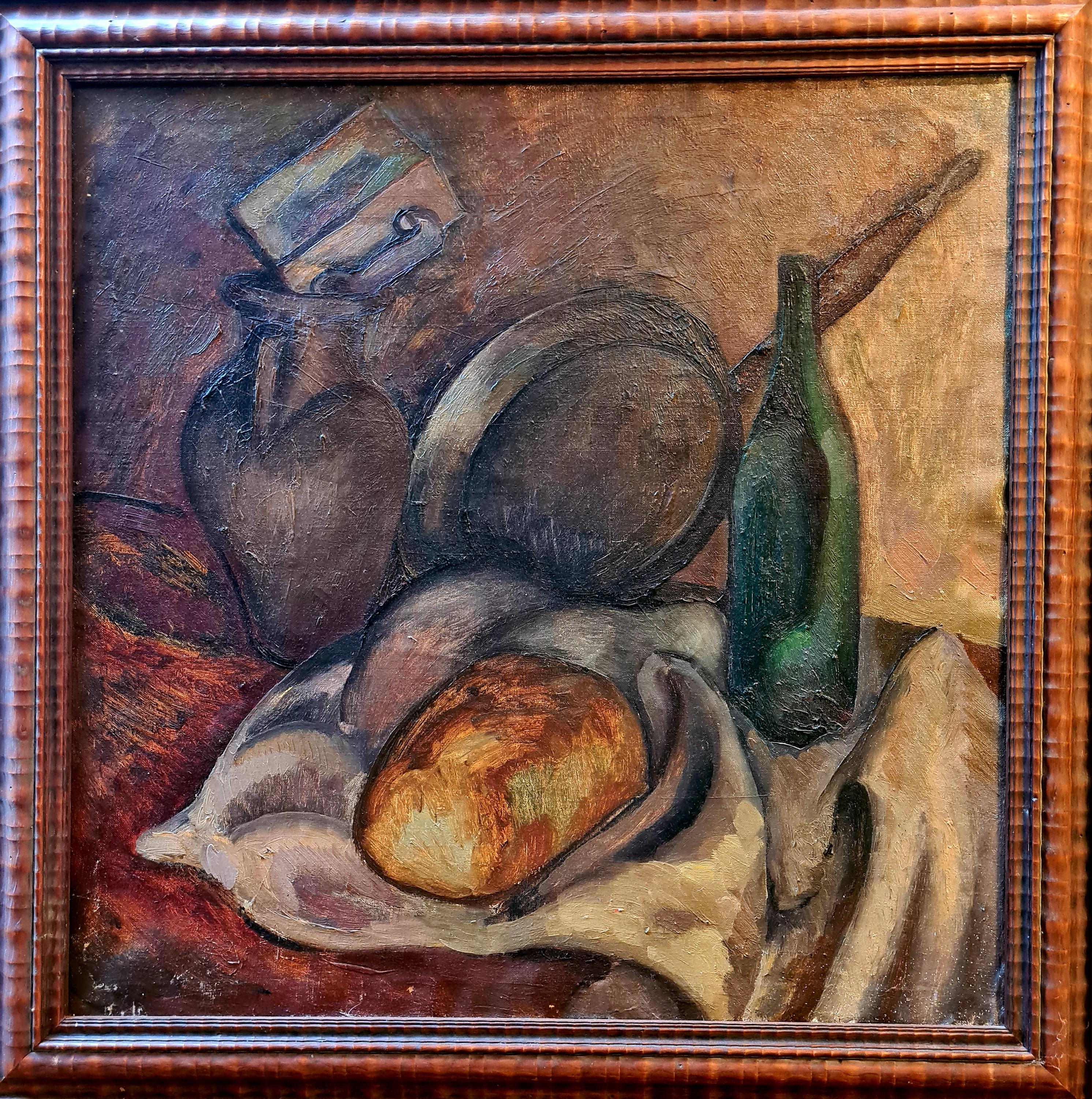 Interior Painting Nina Gurevich - Huile sur toile post-impressionniste, Nature morte à la poêle à frire, d'après Cézanne