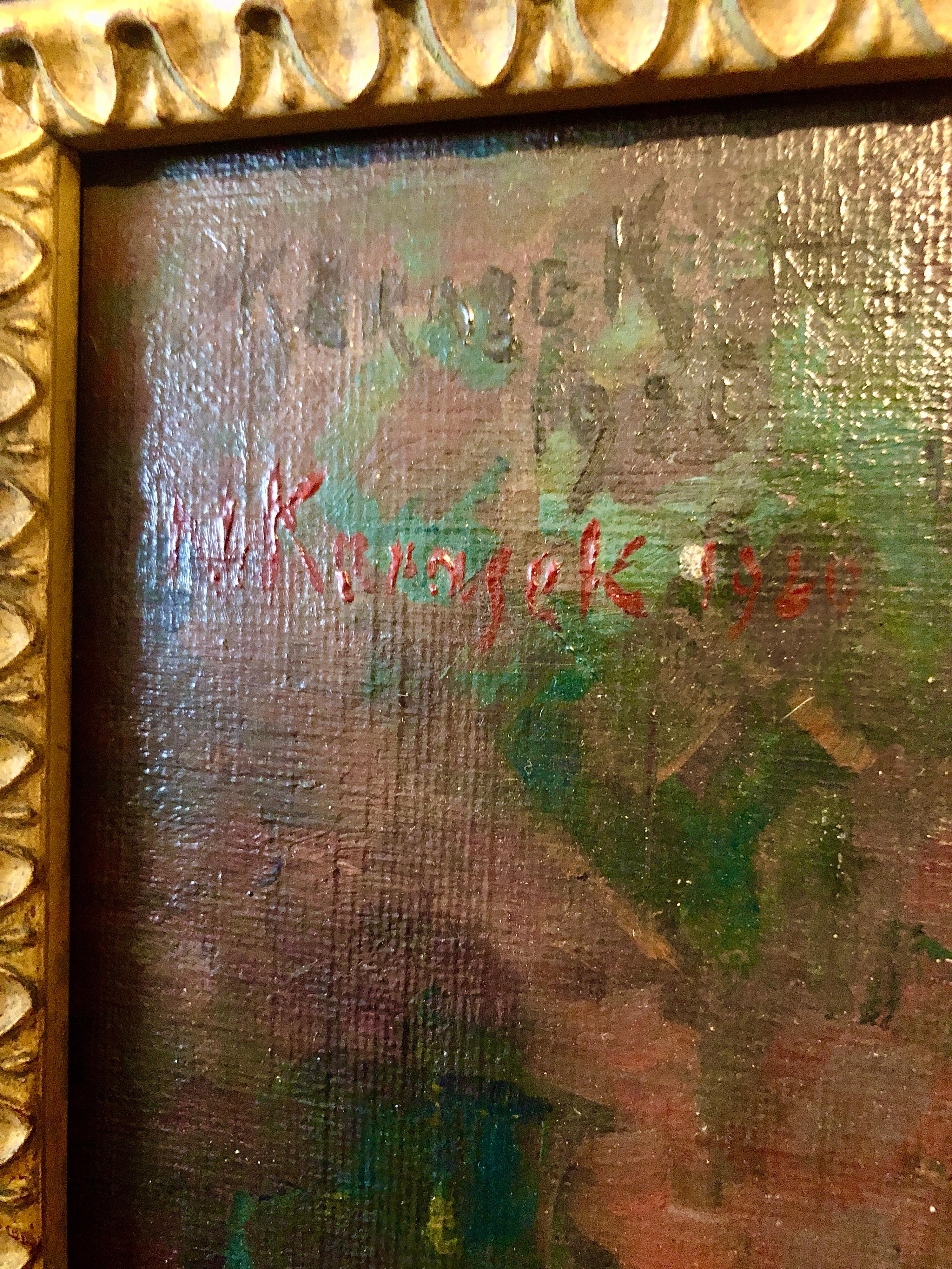 1925 Pintura al óleo vienesa Naturaleza muerta interior con jarrón de porcelana, alfombra de tapiz en venta 1