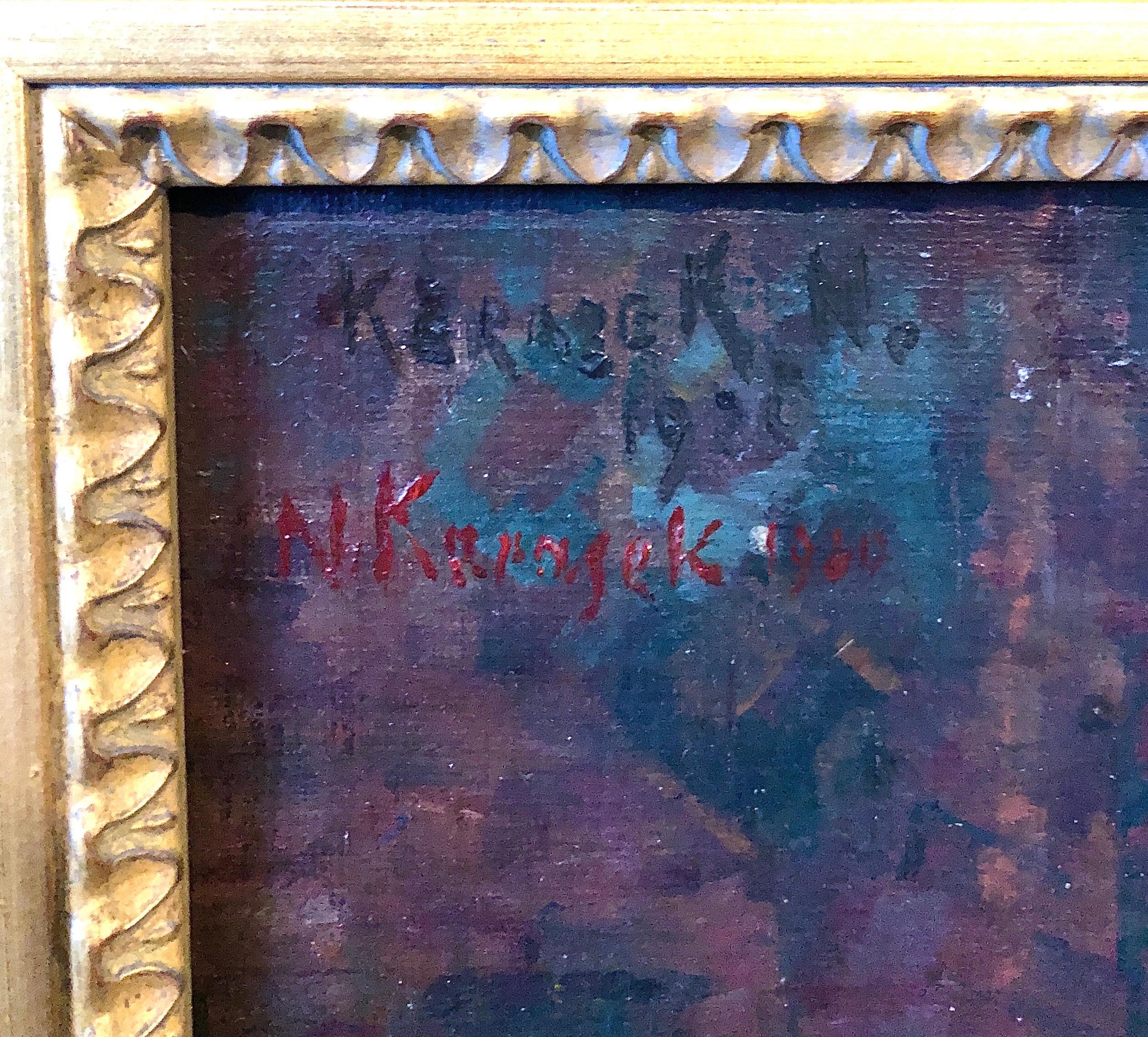 1925 Pintura al óleo vienesa Naturaleza muerta interior con jarrón de porcelana, alfombra de tapiz en venta 2