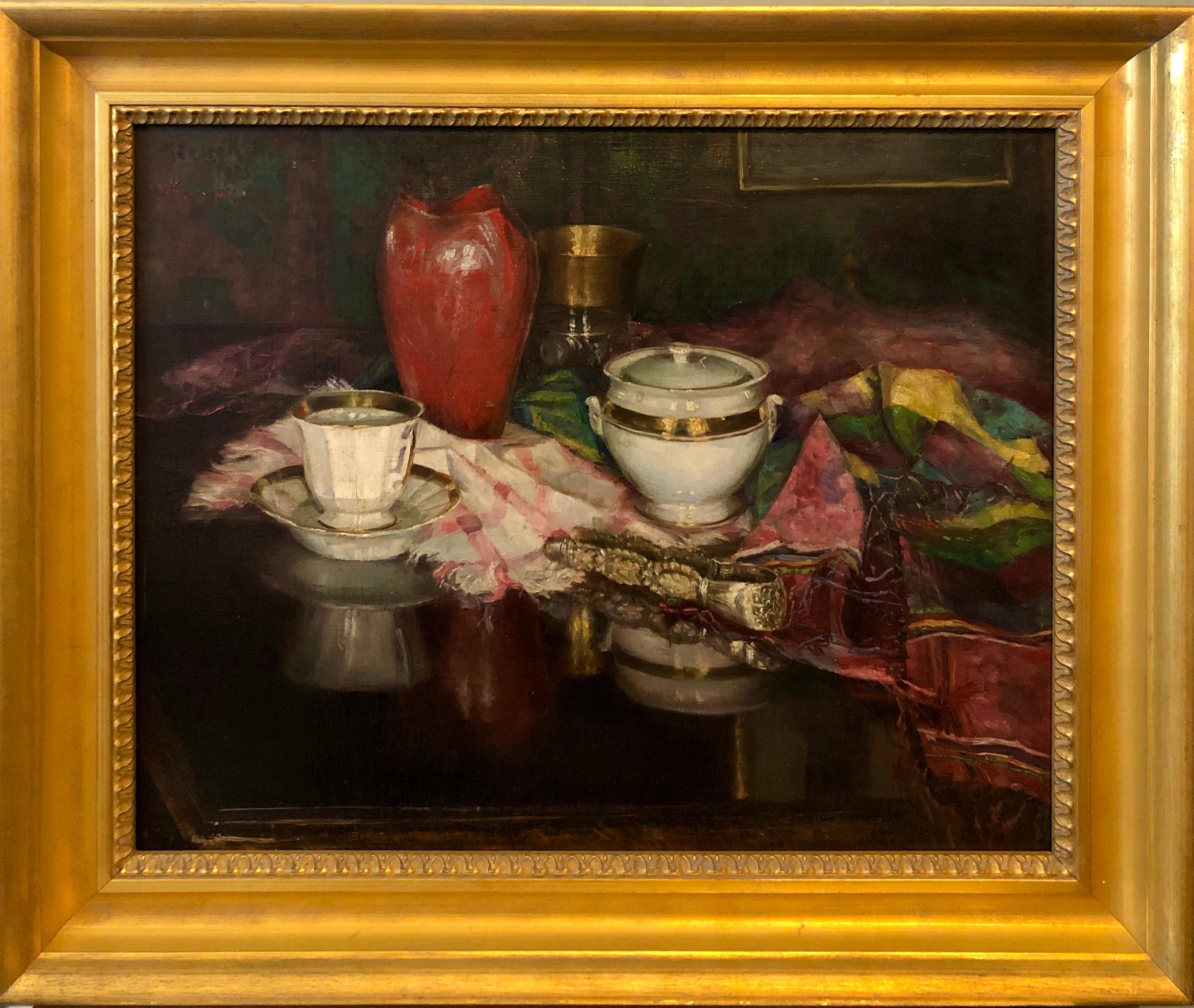 1925 Pintura al óleo vienesa Naturaleza muerta interior con jarrón de porcelana, alfombra de tapiz