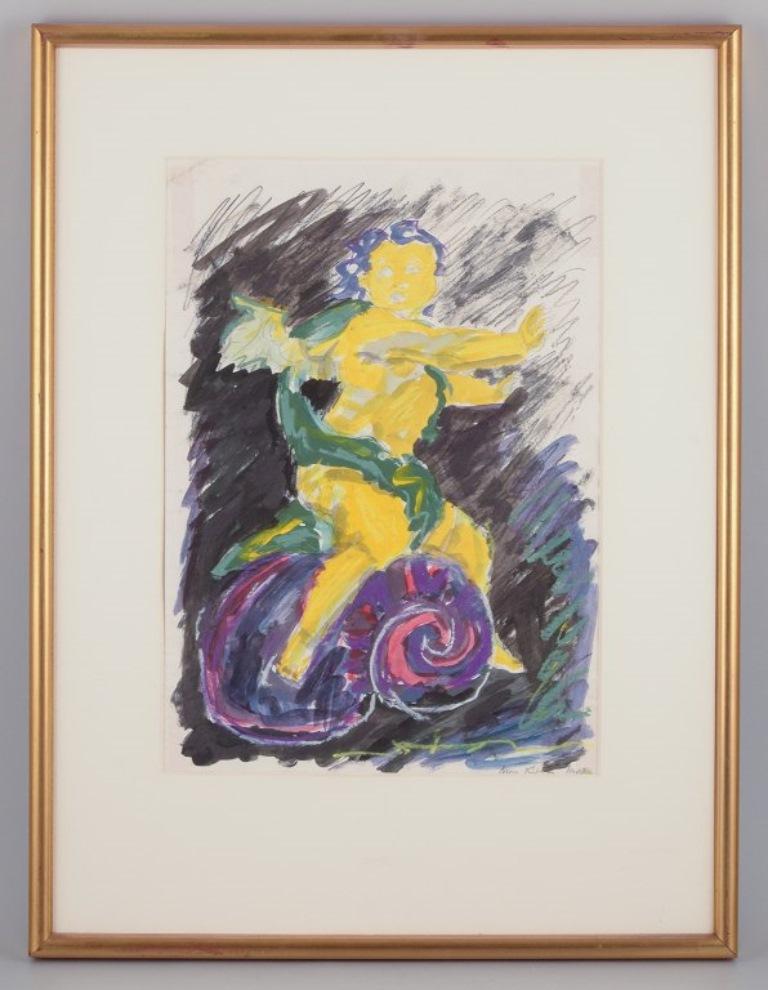 Nina Kleivan, artista norvegese-danese, nata nel 1960. 
Guazzo su carta.
Raffigurazione di un putto con tratti espressivi.
Firmato a matita e datato 1988.
In perfette condizioni.
Dimensioni: 41,0 cm x 29,0 cm.
Dimensioni totali: 62,5 cm x 47,5