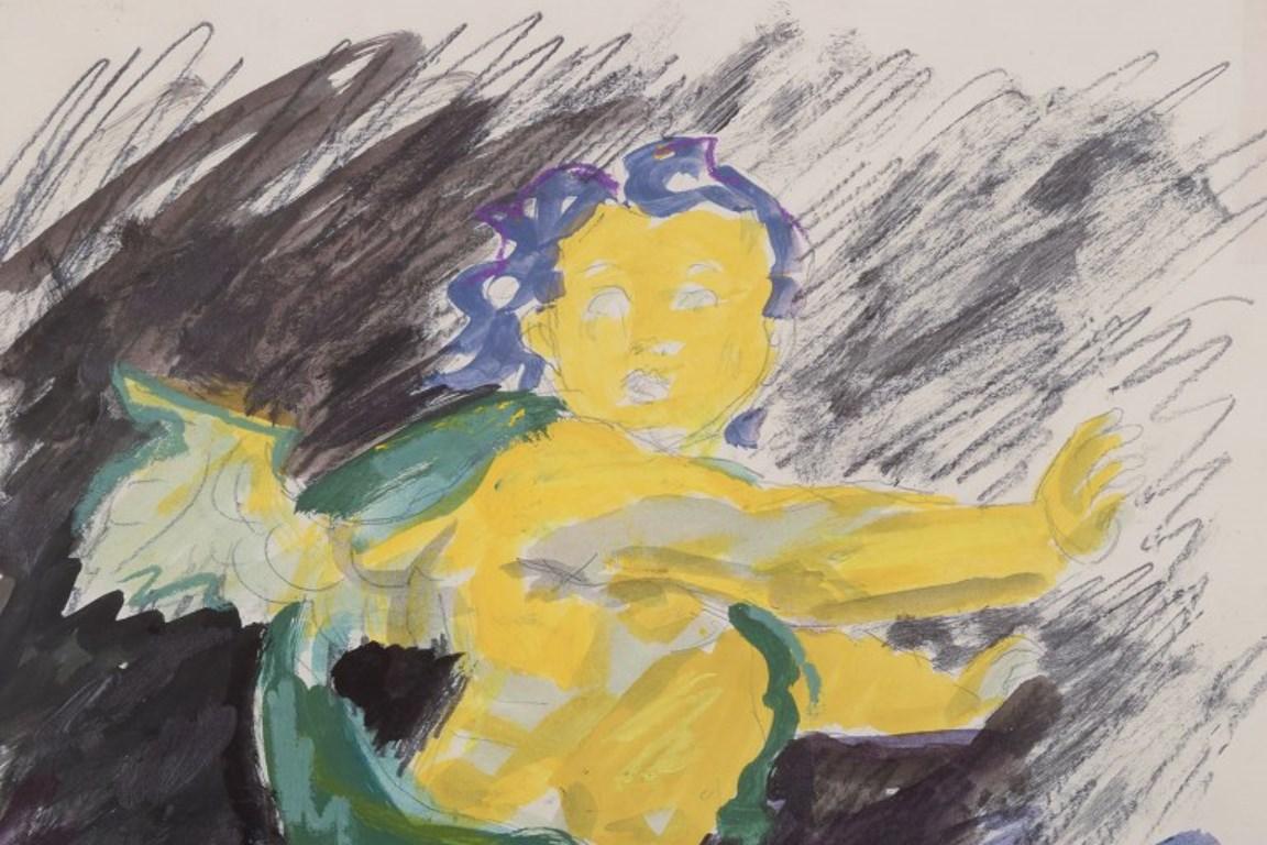 Norvegese Nina Kleivan, artista norvegese-danese. Guazzo su carta. Composizione con putto in vendita