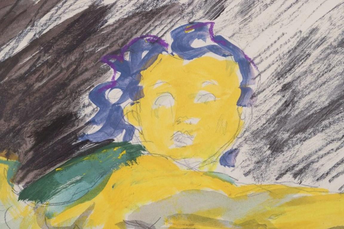 Fine XX secolo Nina Kleivan, artista norvegese-danese. Guazzo su carta. Composizione con putto in vendita