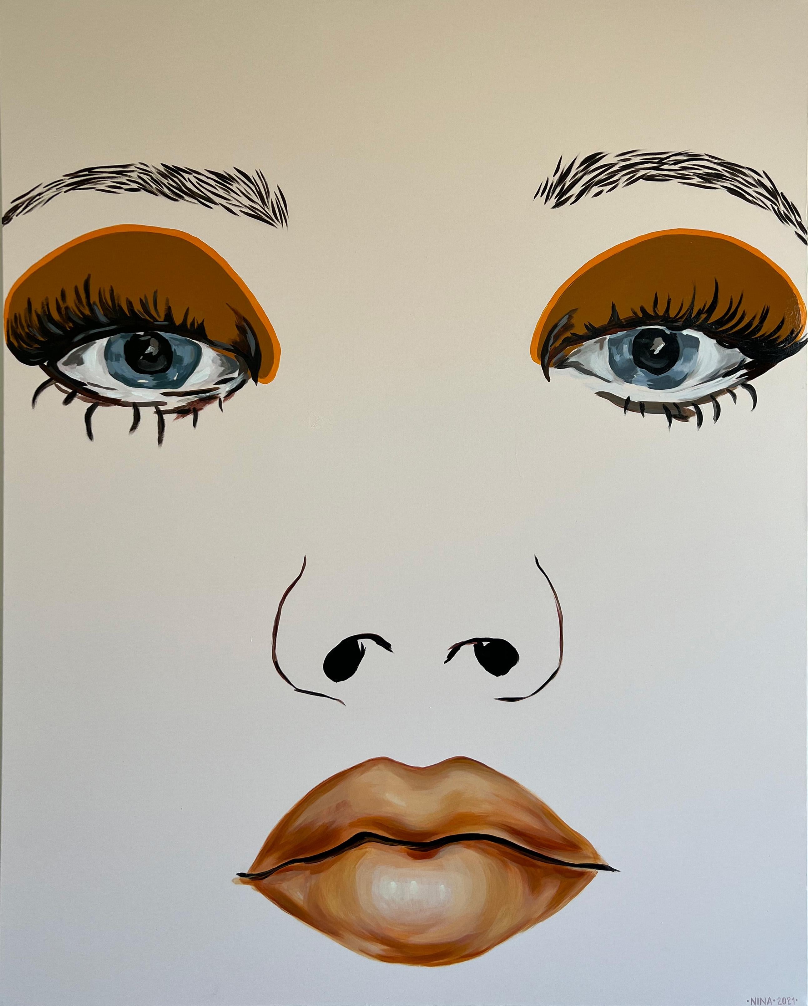 Figurative Painting Nina Milivojevic  - Orange - Visage, femme, peinture, saisissant, grand, contemporain, minimaliste 