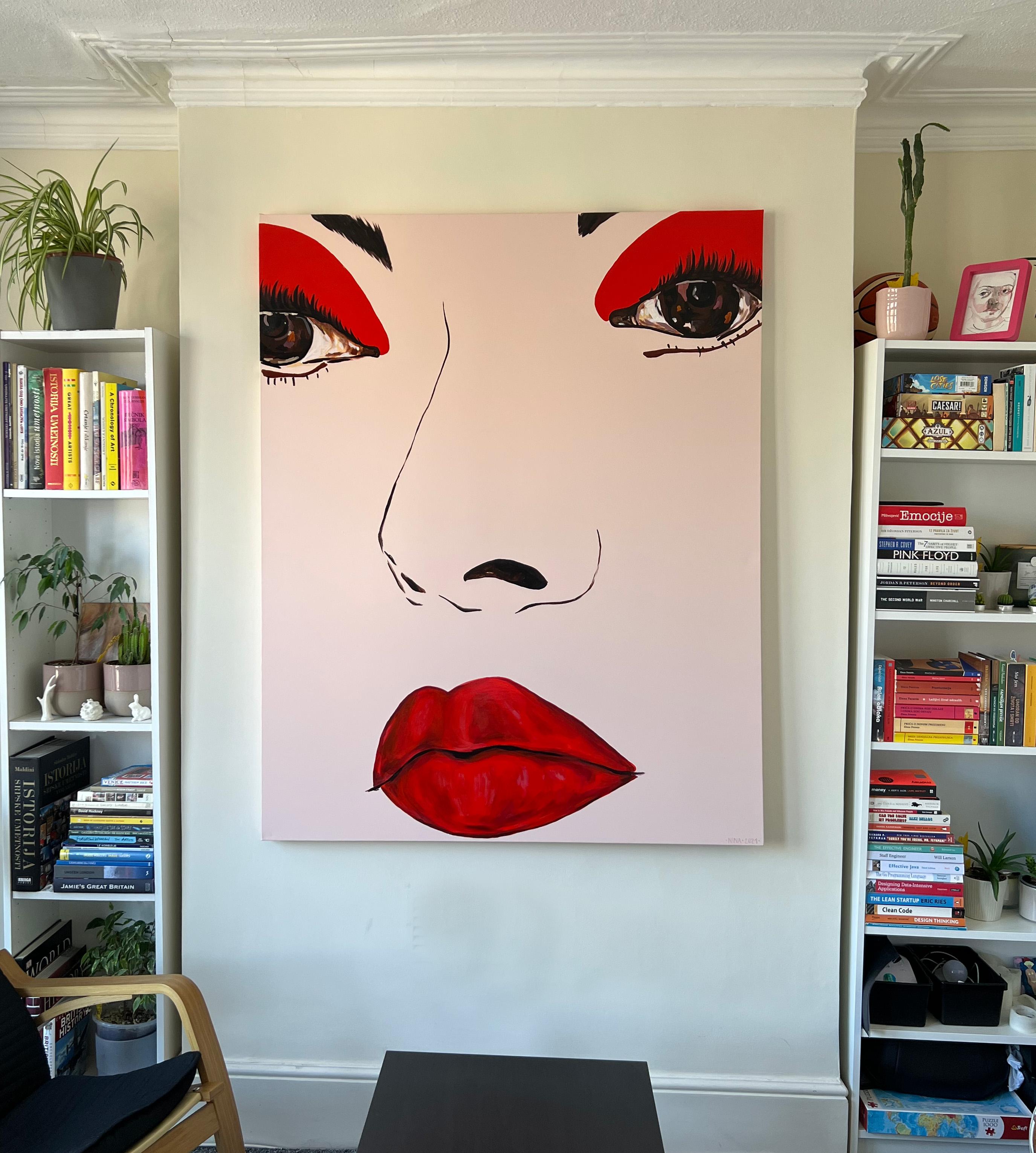 Rouge - visage, femme, peinture, saisissant, grand, contemporain, minimaliste  - Painting de Nina Milivojevic 