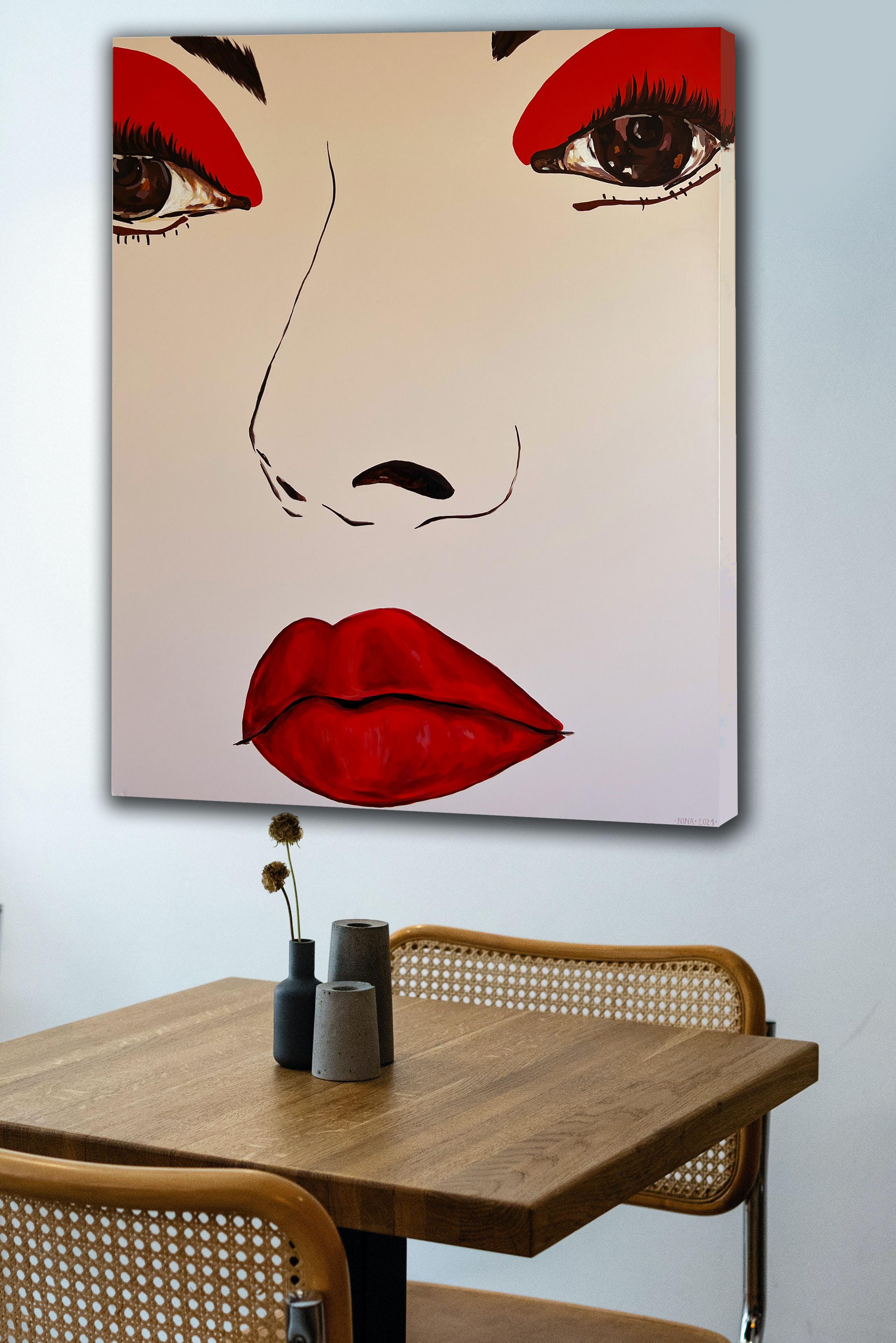 Red - Face, Woman, Painting, Striking, Large, Contemporary, Minimalist  For Sale 4