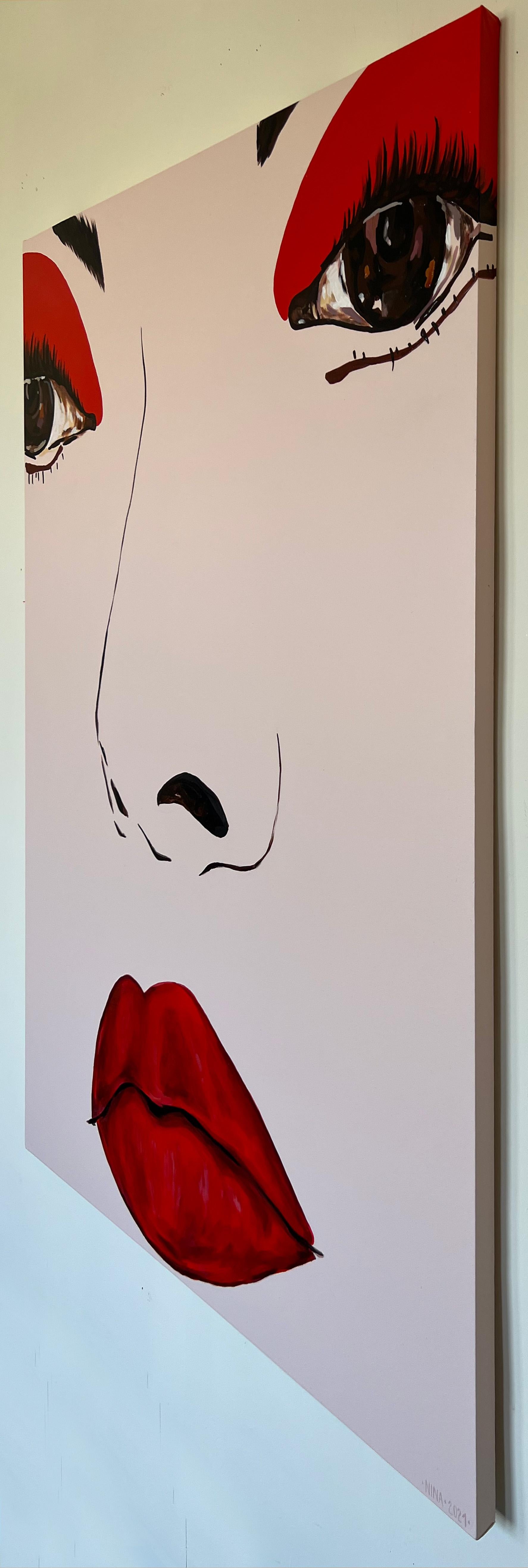 Rouge - visage, femme, peinture, saisissant, grand, contemporain, minimaliste  en vente 1