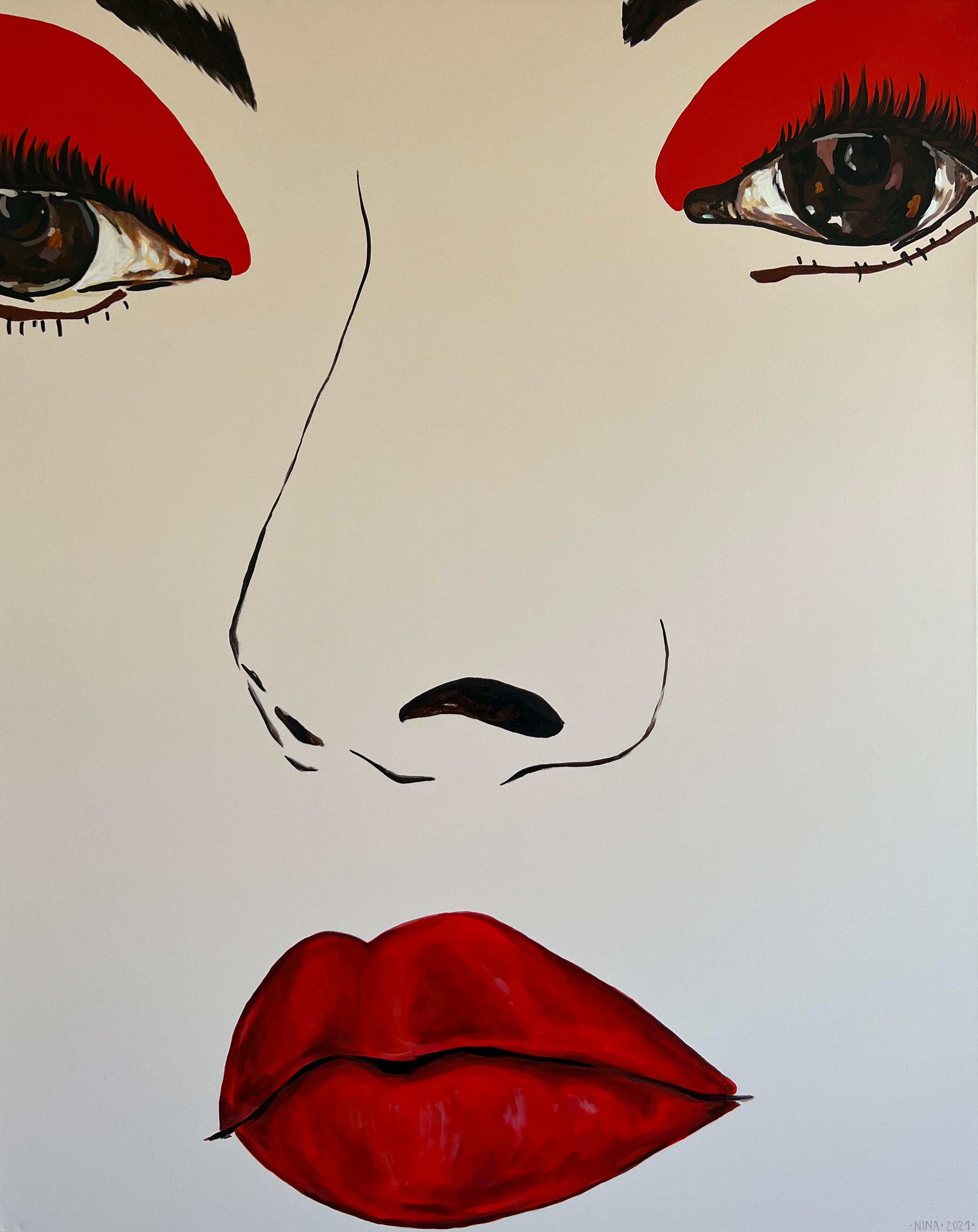 Figurative Painting Nina Milivojevic  - Rouge - visage, femme, peinture, saisissant, grand, contemporain, minimaliste 
