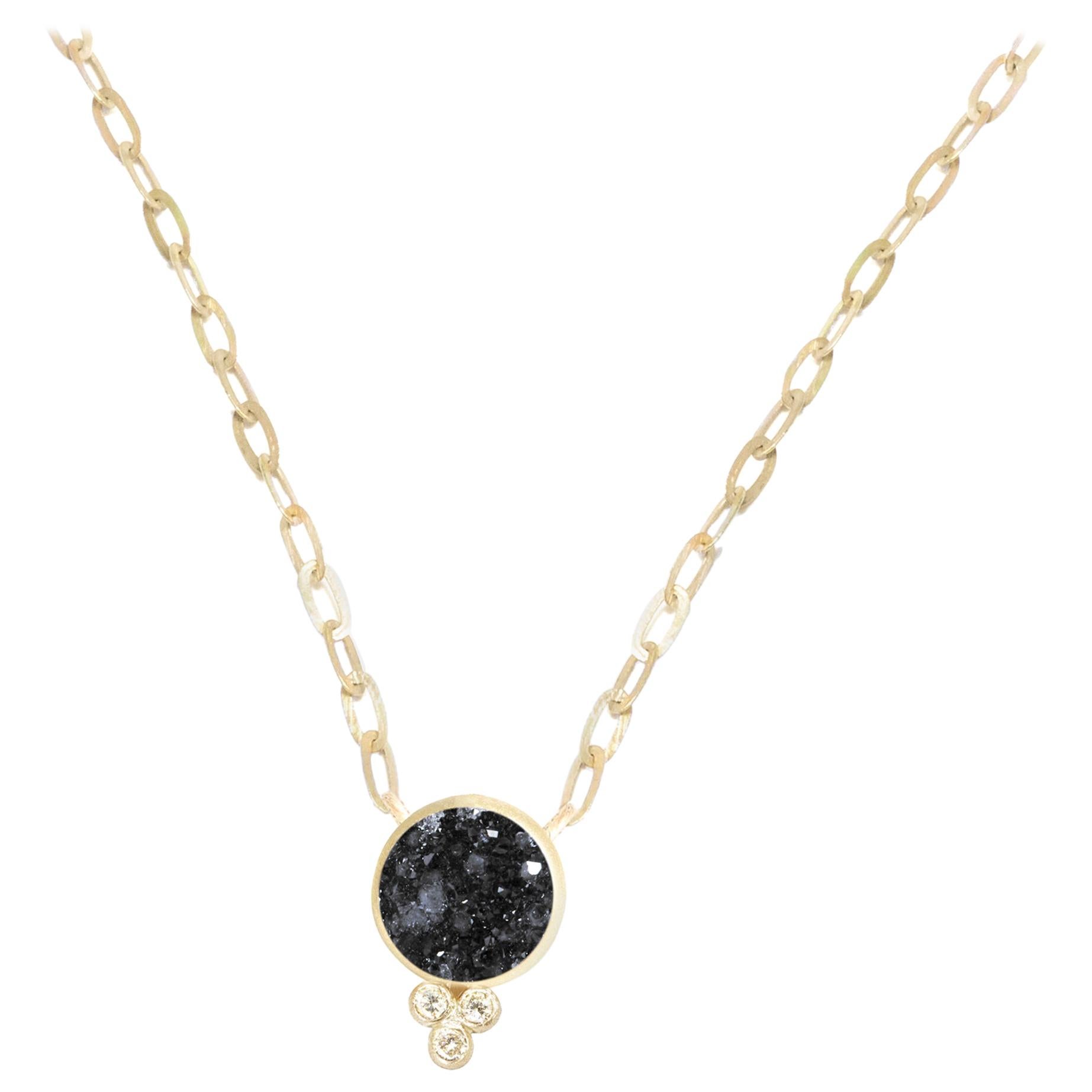 Nina Nguyen Black Druzy Round 18 Karat Gold Necklace Bezel Set For Sale
