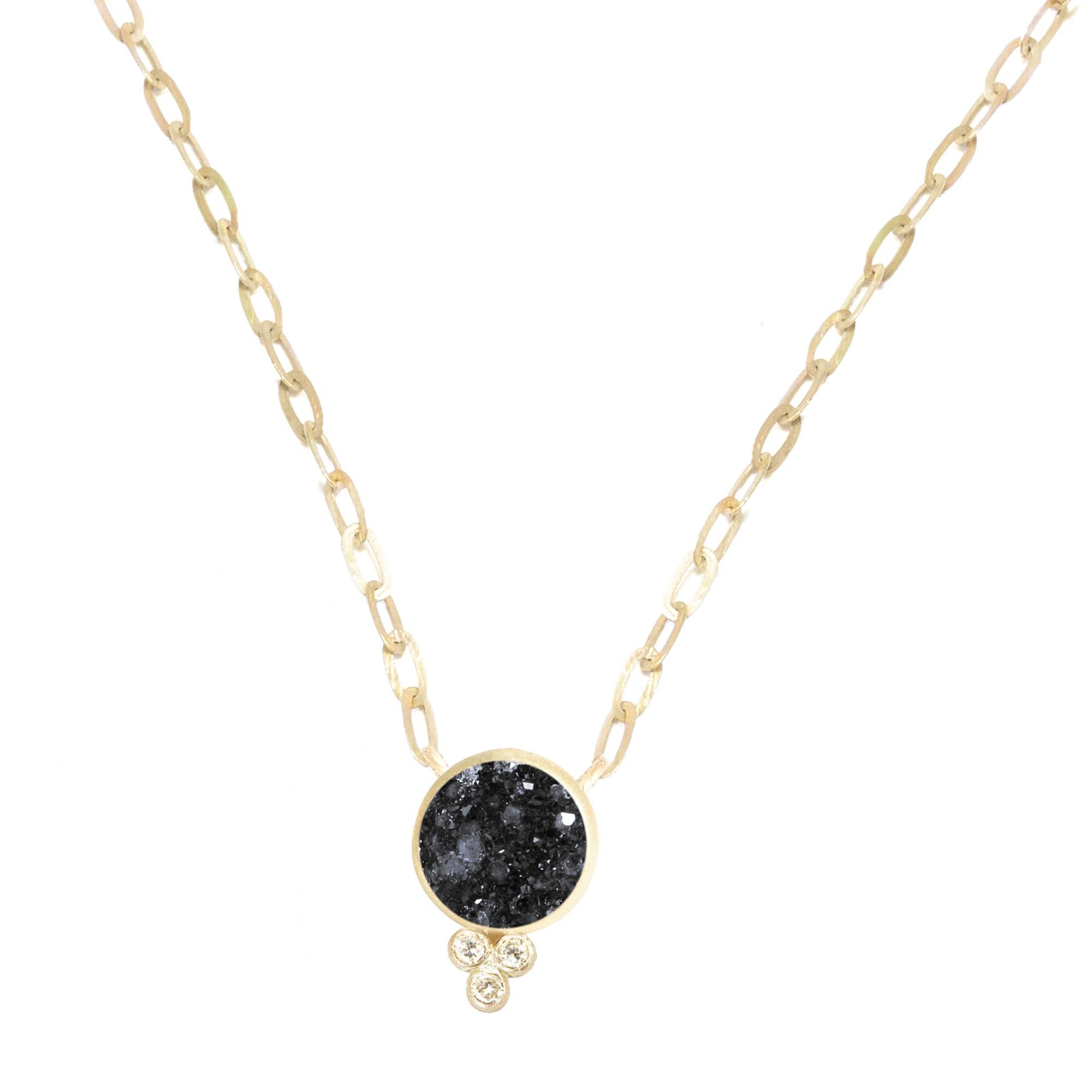 Contemporary Nina Nguyen Black Druzy Round 18 Karat Gold Necklace Bezel Set For Sale