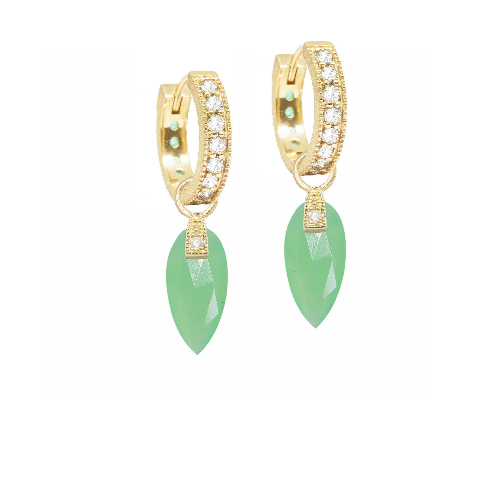 The perfect everyday style, especially when you want a pop of pale blue, the Angel Wings 15mm Gold Charms feature milky chrysoprase drops dangling from a diamond-studded bale.

Nina Nguyen Design's patent-pending earrings have an element on the back