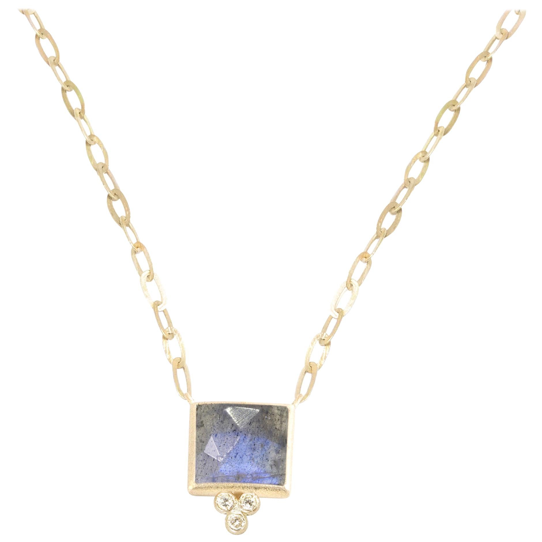 Nina Nguyen Labradorite Square 18 Karat Gold Necklace Bezel-Set For Sale