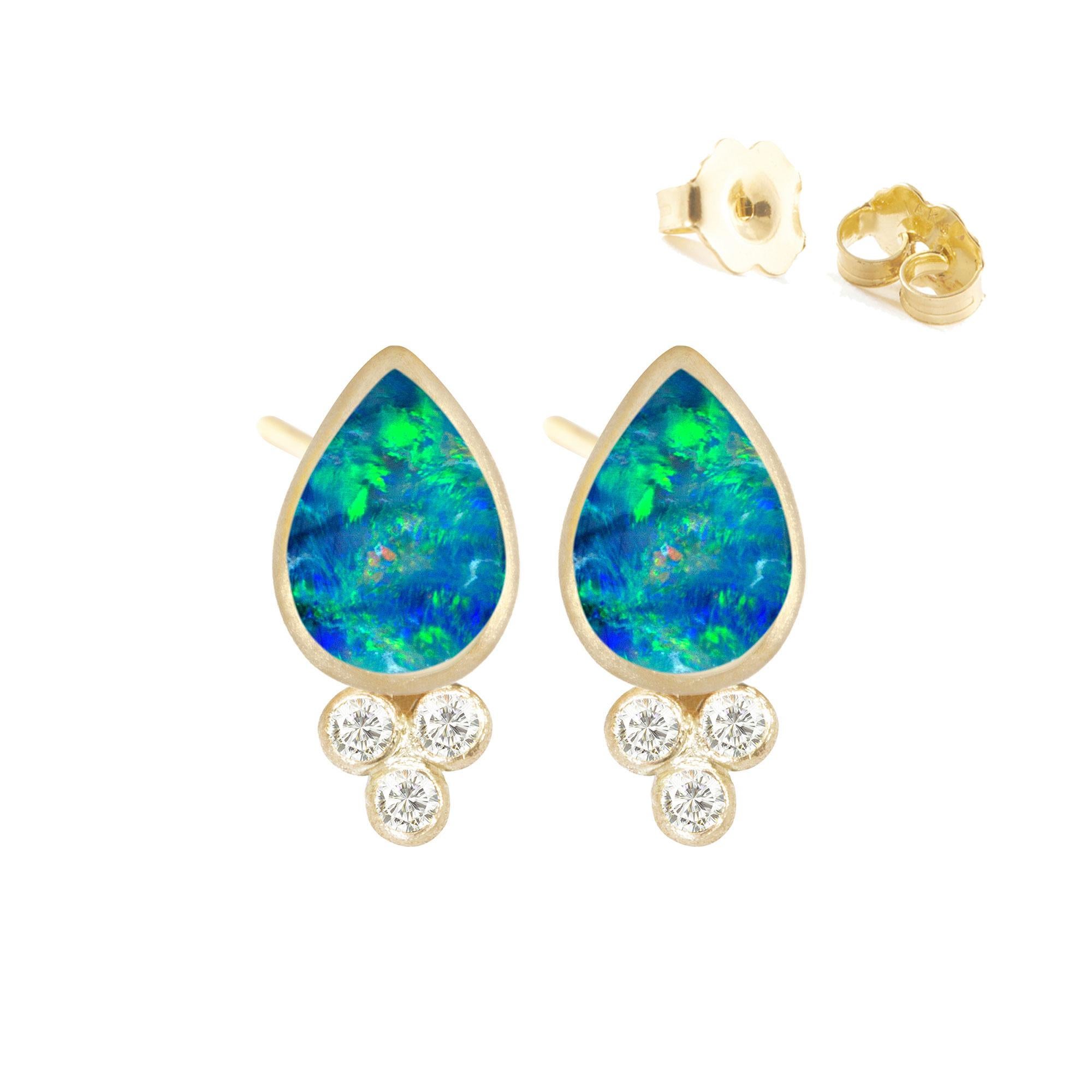 Made with bezel-set opal doublet, the diamond-accented Lilly Gold Studs are clean and elegant, and a very feminine style you can wear day in, day out.

Nina Nguyen Design's patent-pending earrings have an element on the back of the stud or charm to