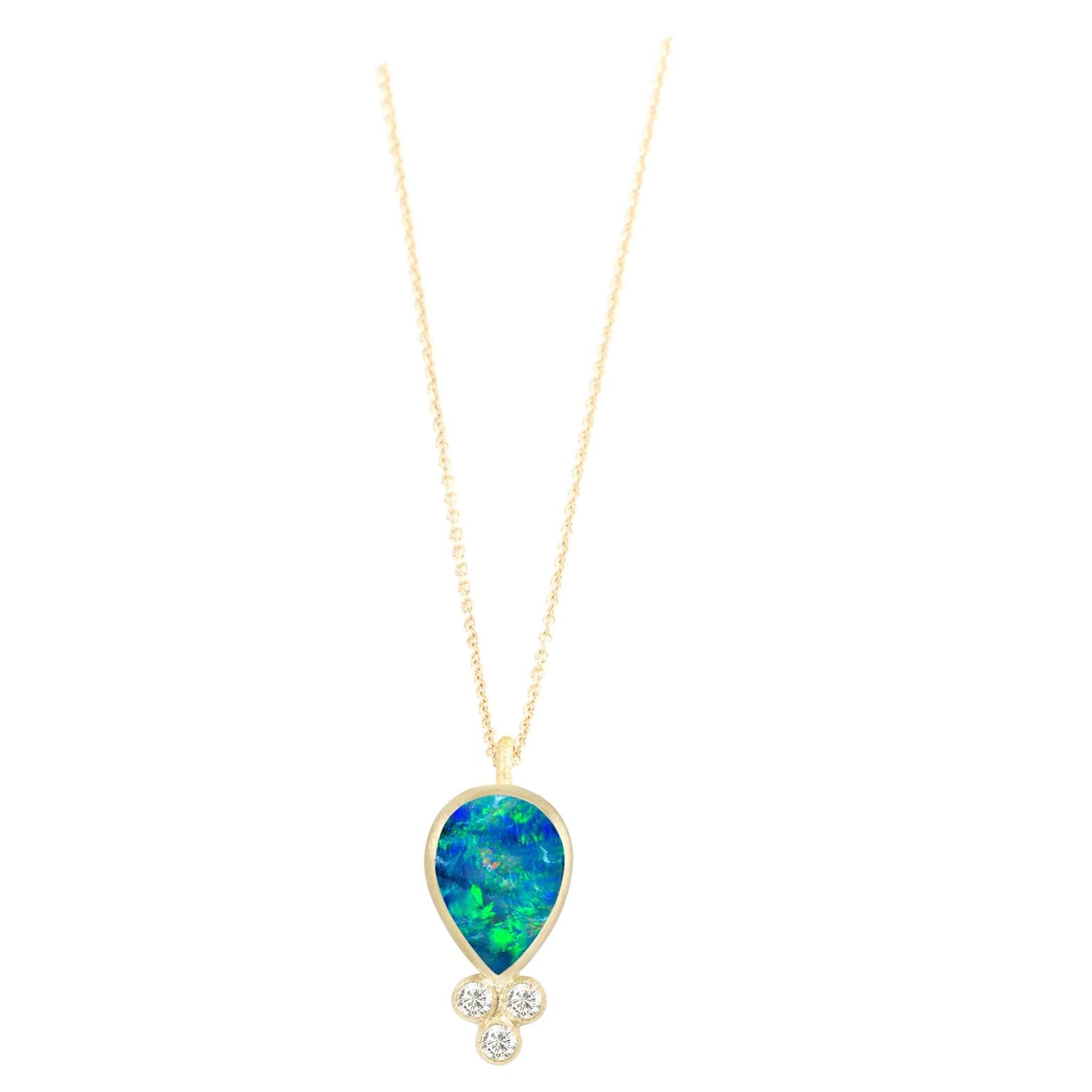 Nina Nguyen Opal Doublet Pear 18 Karat Gold Necklace Bezel-Set For Sale