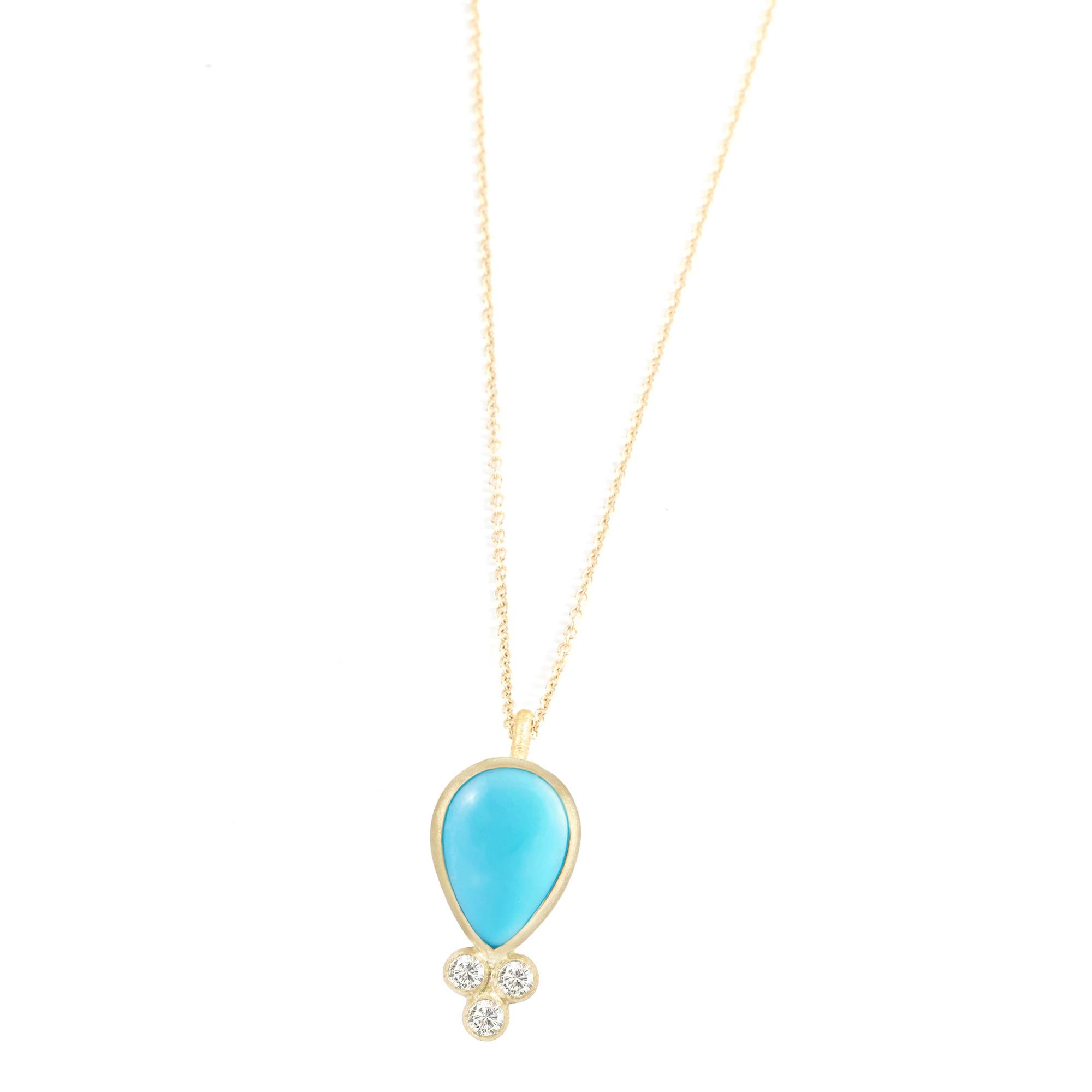 With its single, bezel-set sleeping beauty turquoise, the diamond-accented Lilly Gold Necklace is clean and elegant, and a very feminine style you can wear day in, day out.

Metal: 18K Yellow Gold
Stone carat: 1
Diamond carat: 0.0225
Length: