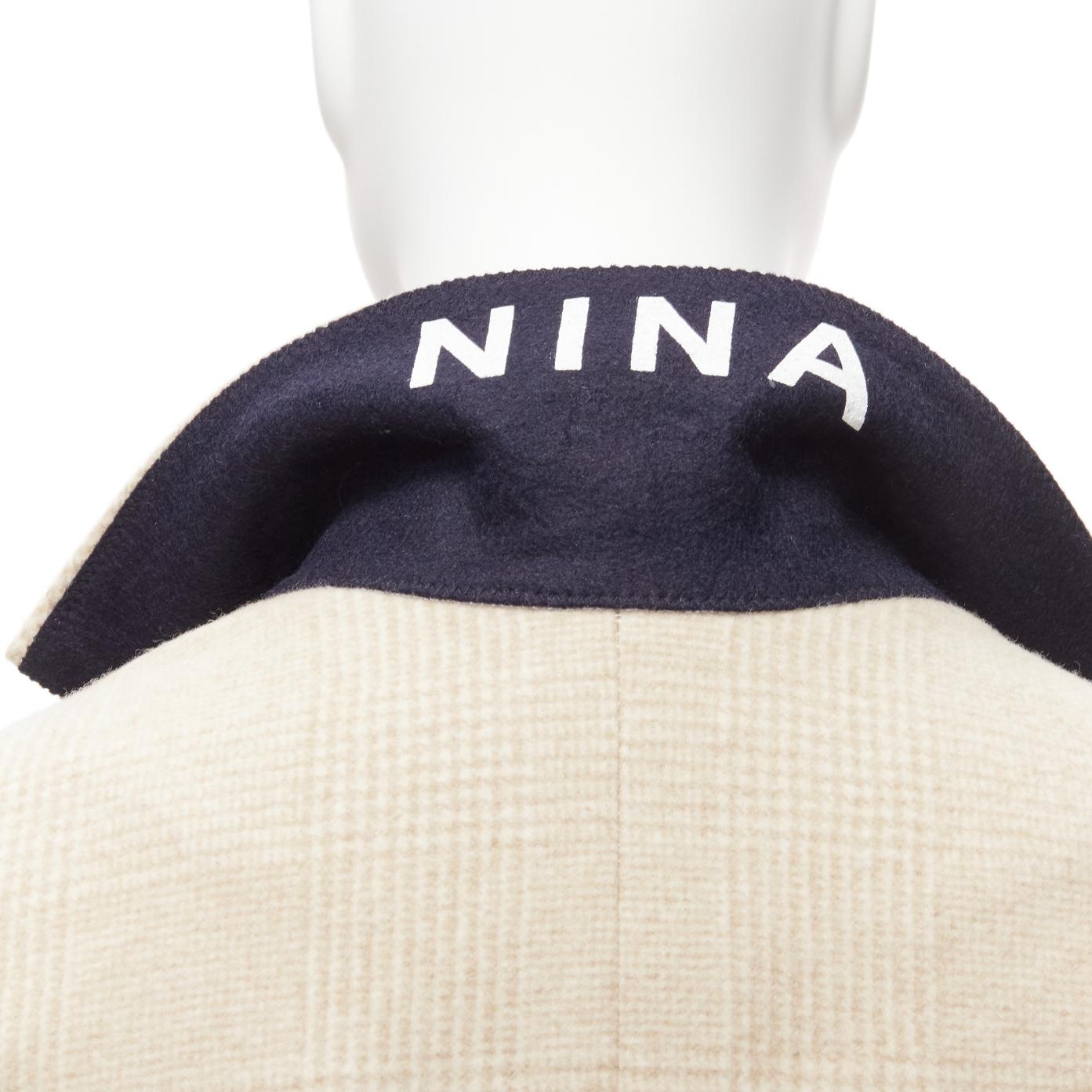 NINA RICCI 100% wool light beige houndstooth cocoon back oversized coat IT34 XXS In Good Condition In Hong Kong, NT