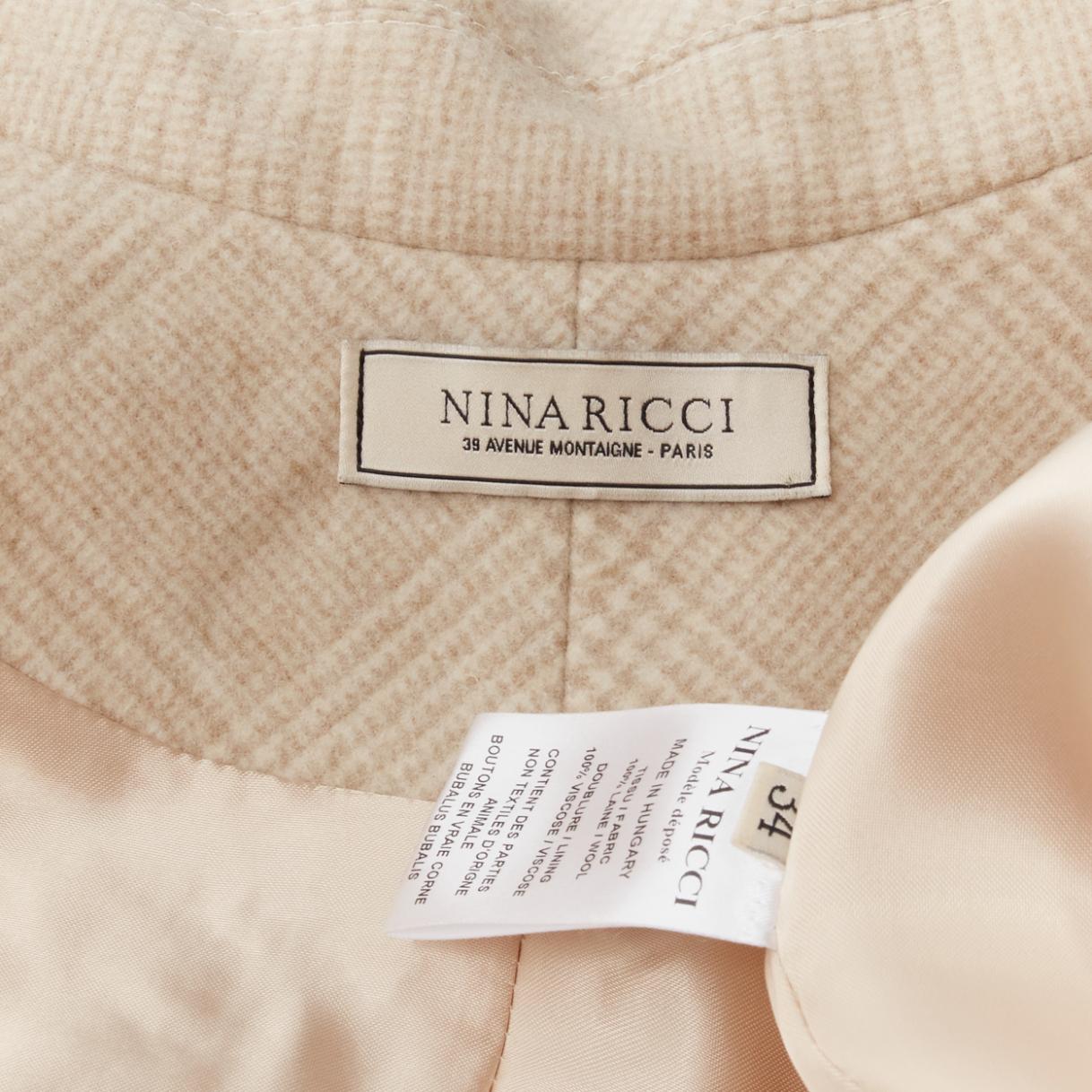 NINA RICCI 100% wool light beige houndstooth cocoon back oversized coat IT34 XXS 5