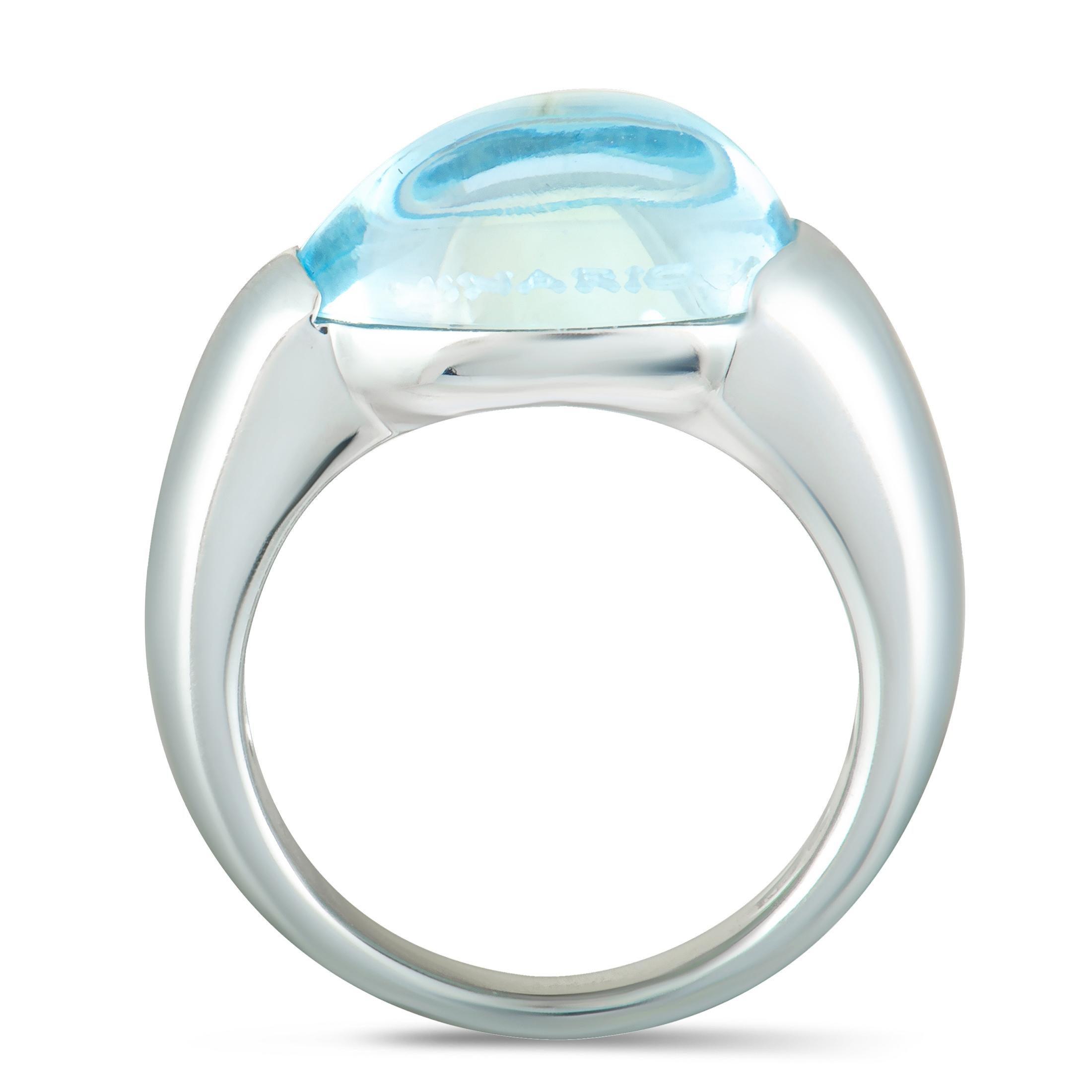 The elegant gleam of 18K white gold and the sublime allure of the expertly cut topaz stone are combined in this fascinating ring designed by Nina Ricci into creating a stunningly prestigious effect. The ring weighs 11.1 grams.
Ring Top Dimensions:
