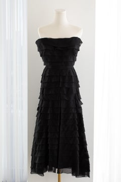 Nina Ricci 1940s Haute Couture Black Tiered Ruffle Strapless Evening Dress