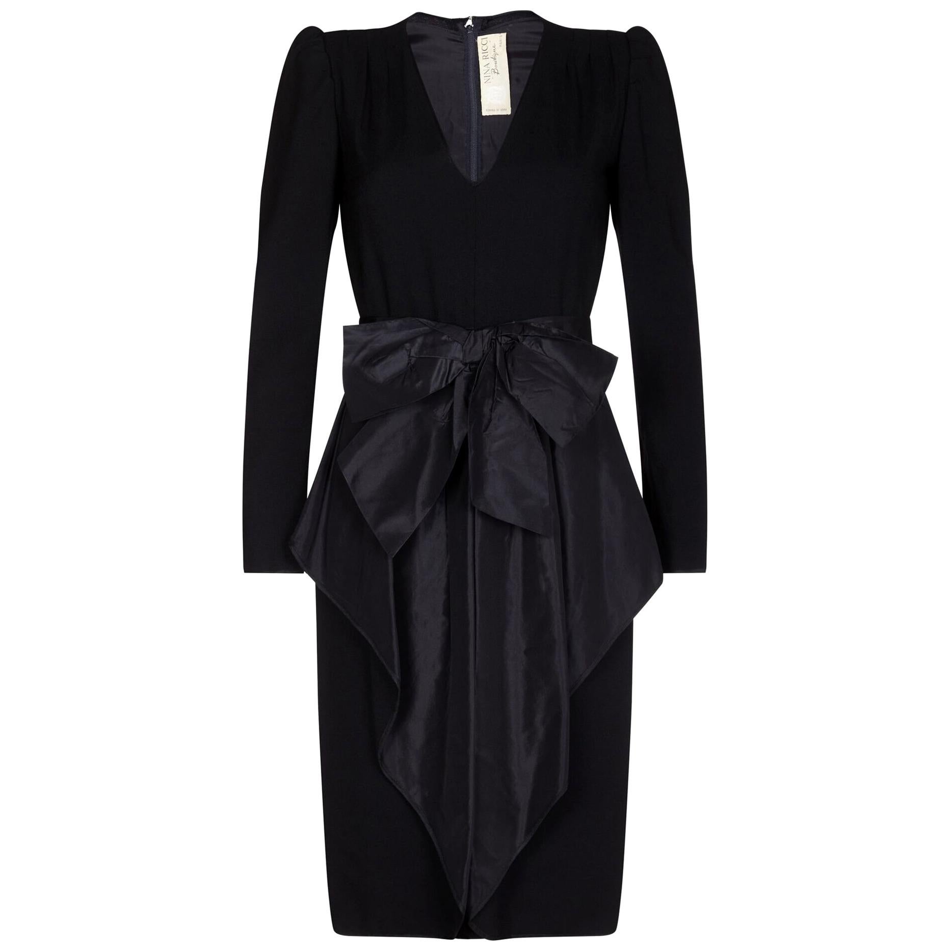 Nina Ricci 1980s Black Wool and Silk Cocktail Dress For Sale