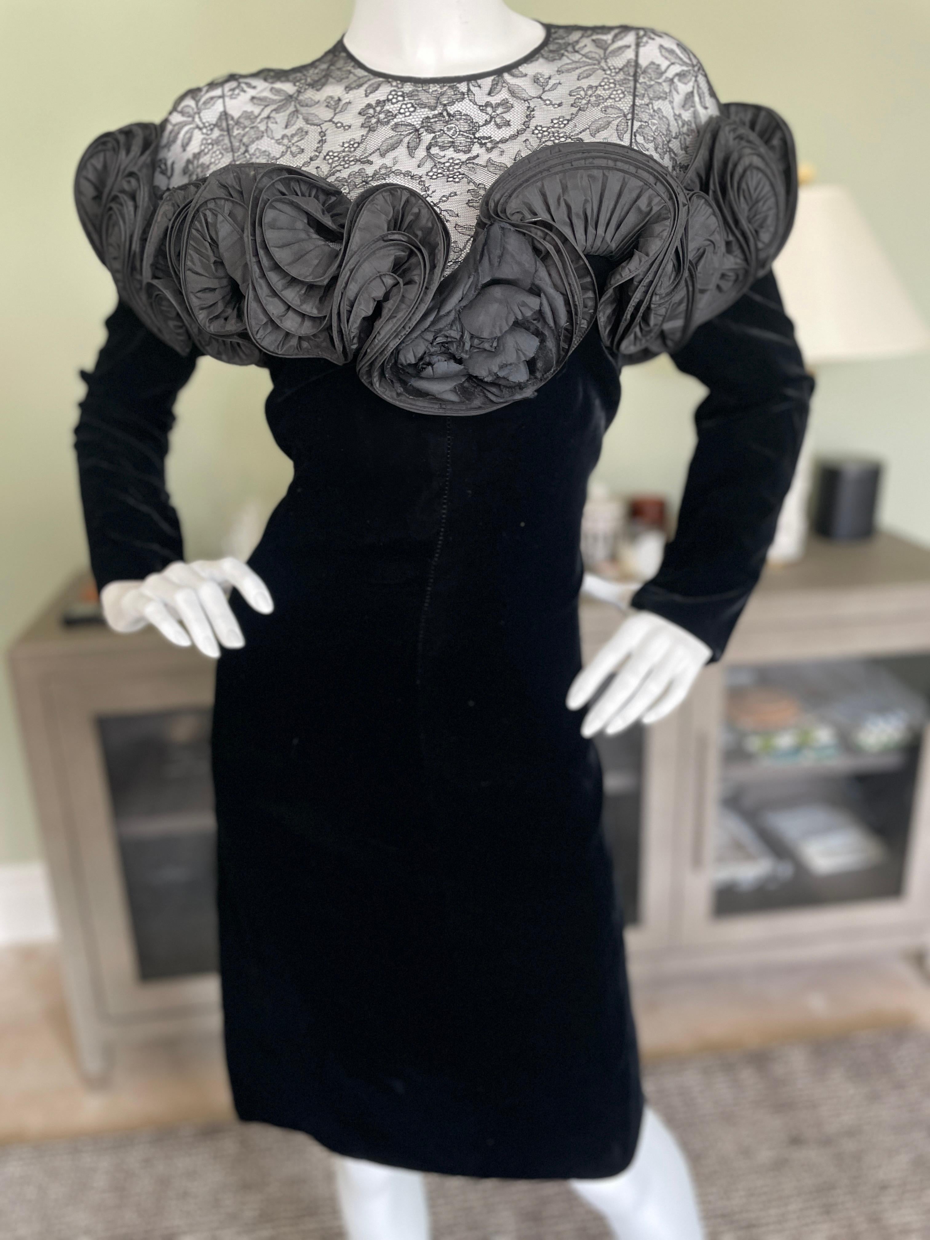 Nina Ricci 1980's Demi Couture Black Velvet Ruffled Dress w Sheer Lace Shoulders.
From Nan Duskin, one of Philadelphia's chicest stores in the eighties.
This is so beautiful, just stunning.
Size 42
 Bust 36