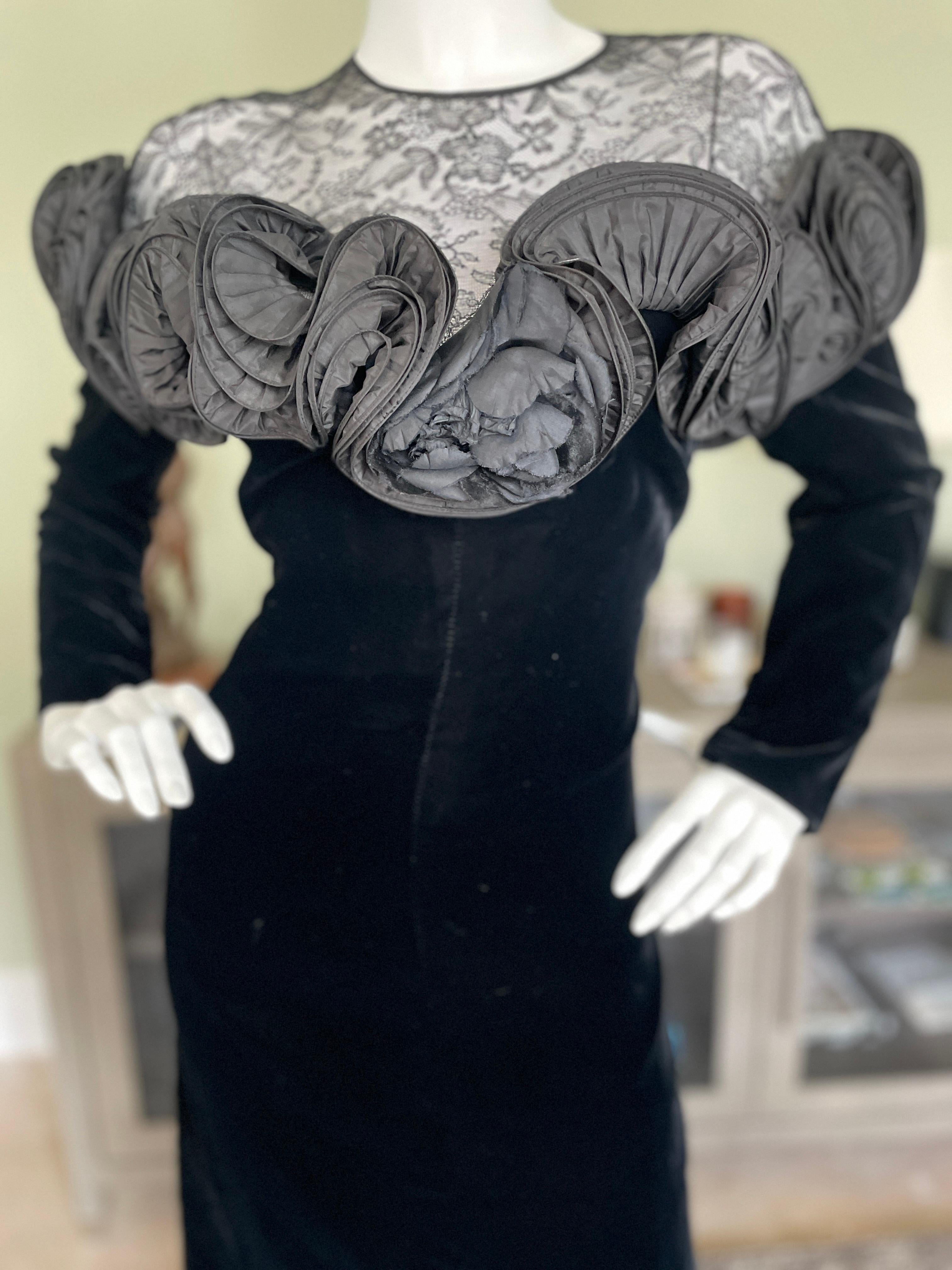 Nina Ricci 1980's Demi Couture Black Velvet Ruffled Dress w Sheer Lace Shoulders In Excellent Condition For Sale In Cloverdale, CA