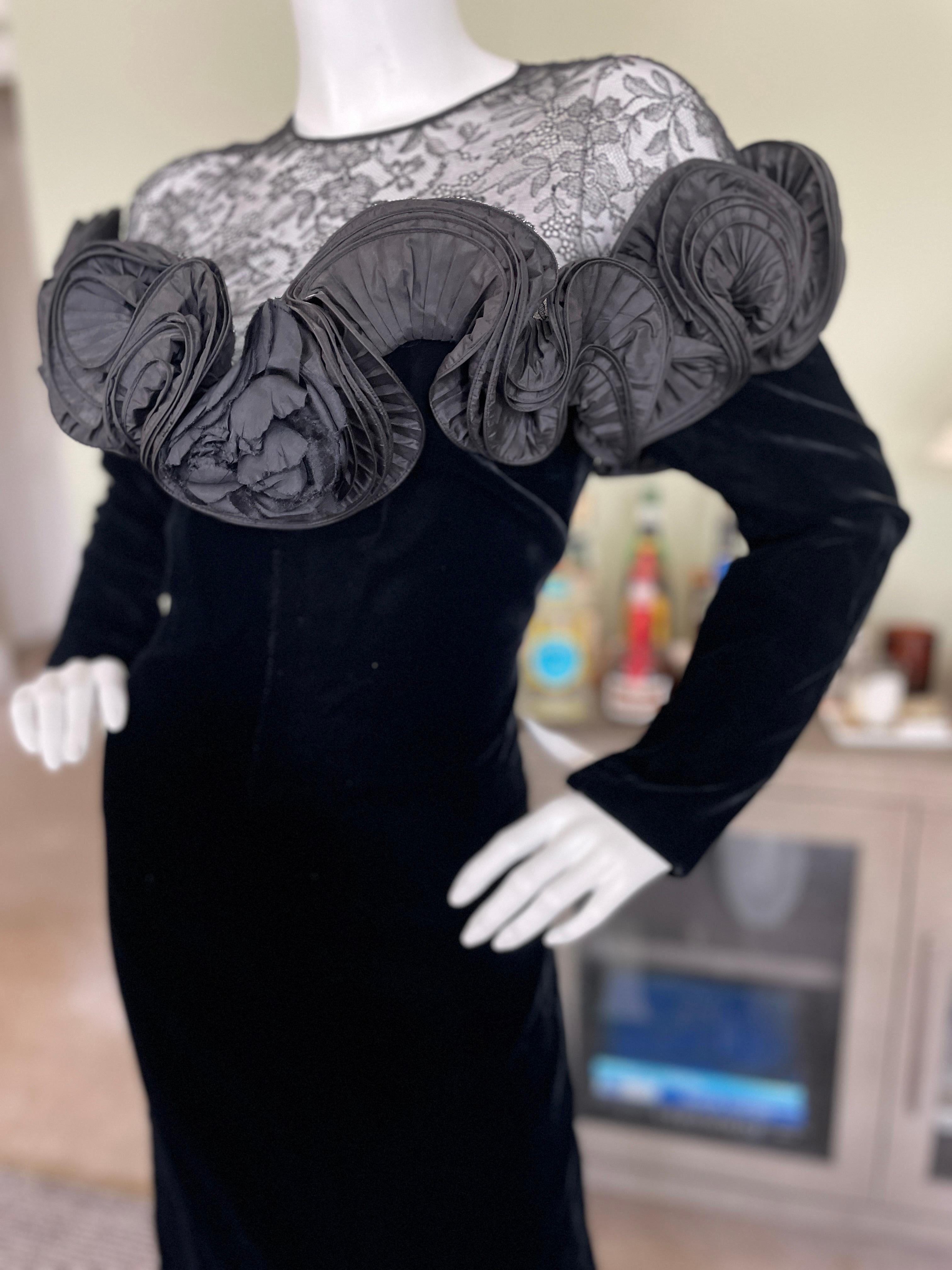 Women's Nina Ricci 1980's Demi Couture Black Velvet Ruffled Dress w Sheer Lace Shoulders For Sale
