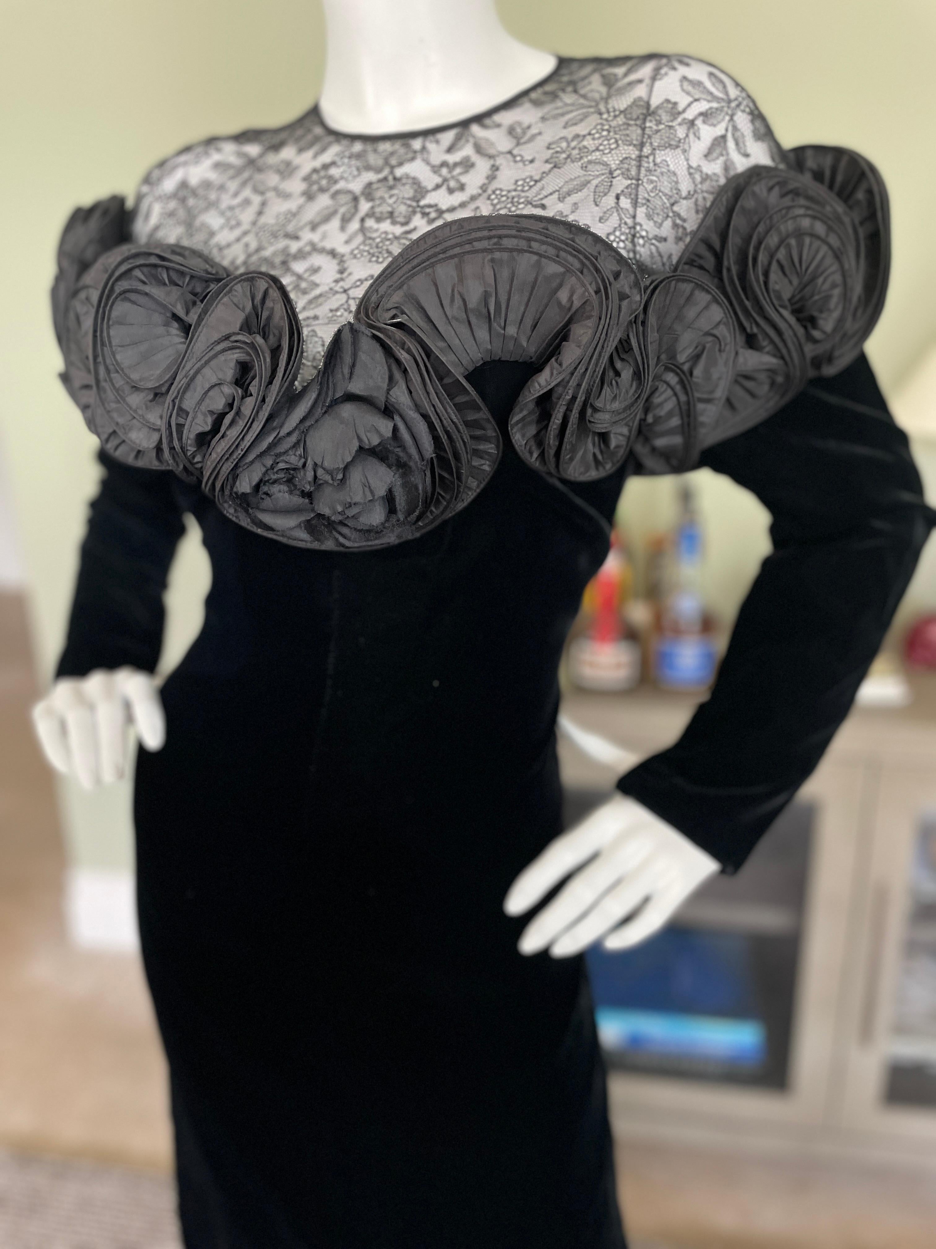 Nina Ricci 1980's Demi Couture Black Velvet Ruffled Dress w Sheer Lace Shoulders For Sale 2