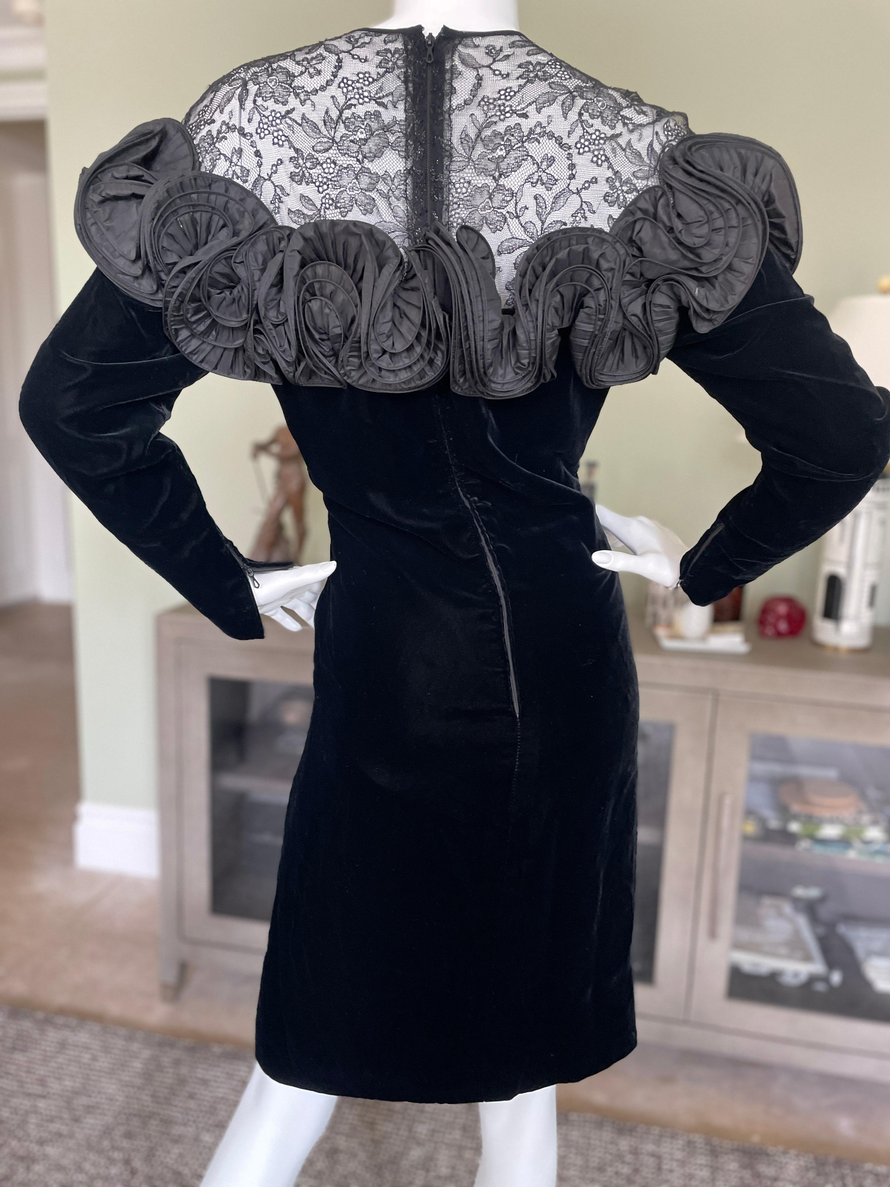 Nina Ricci 1980's Demi Couture Black Velvet Ruffled Dress w Sheer Lace Shoulders For Sale 3
