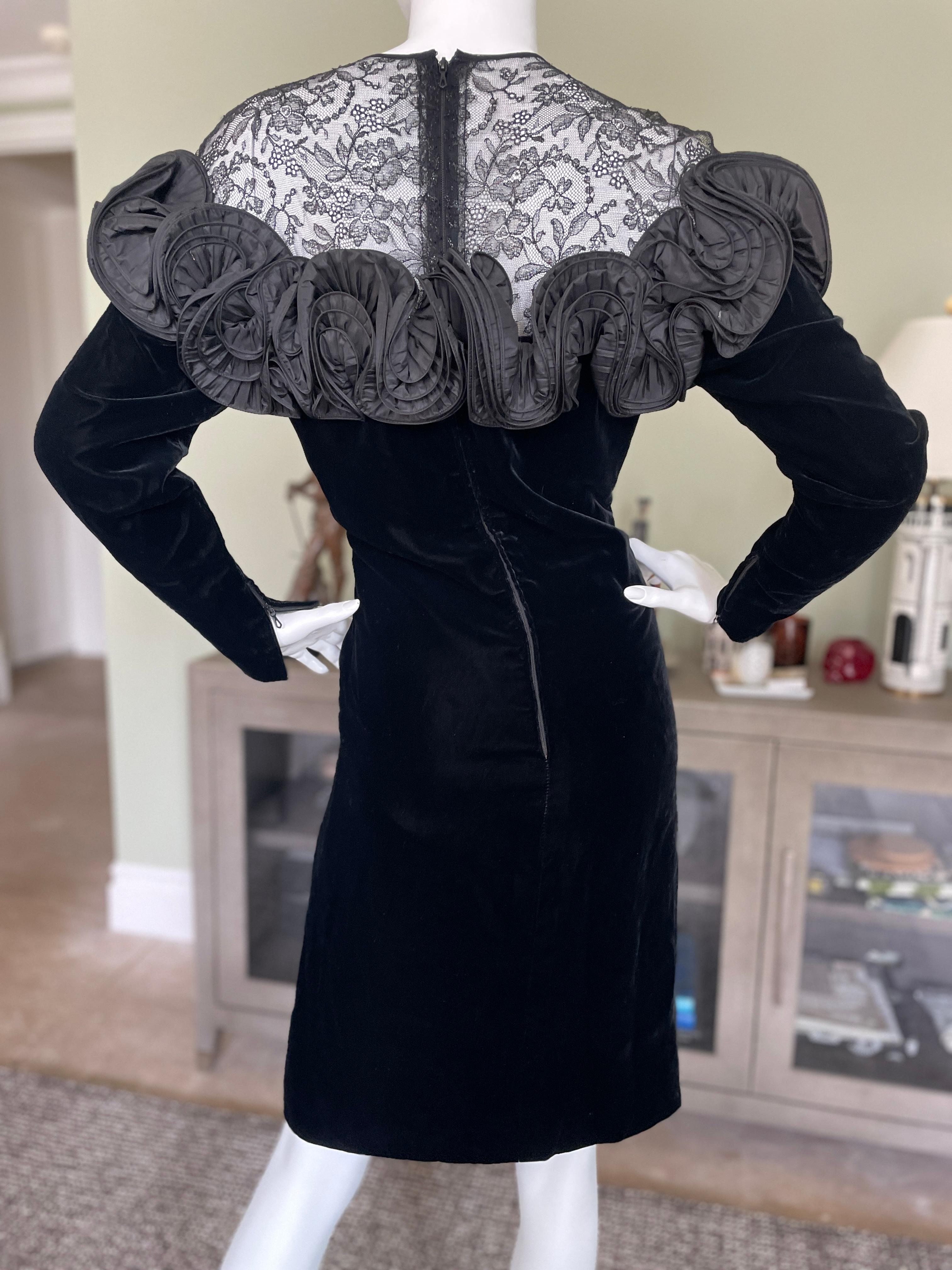 Nina Ricci 1980's Demi Couture Black Velvet Ruffled Dress w Sheer Lace Shoulders For Sale 4