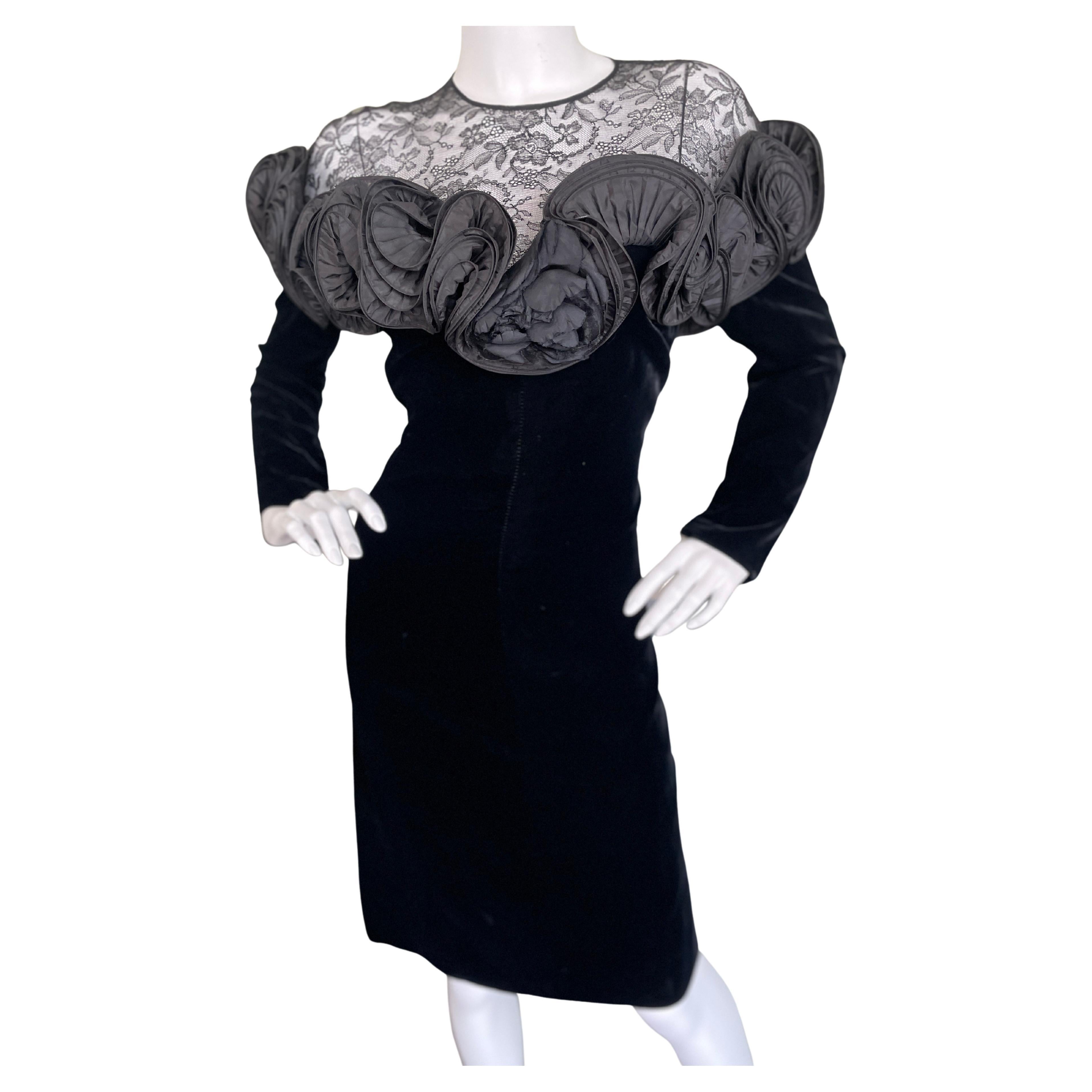 Nina Ricci 1980's Demi Couture Black Velvet Ruffled Dress w Sheer Lace Shoulders For Sale