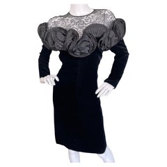 Nina Ricci 1980's Demi Couture Black Velvet Ruffled Dress w Sheer Lace Shoulders