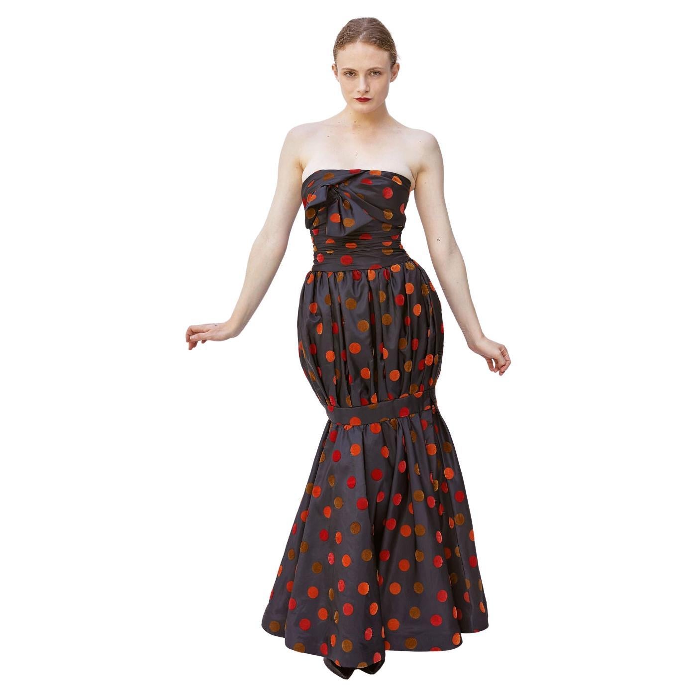 Nina Ricci 1980's Polka Dot Taffeta Strapless Dress For Sale